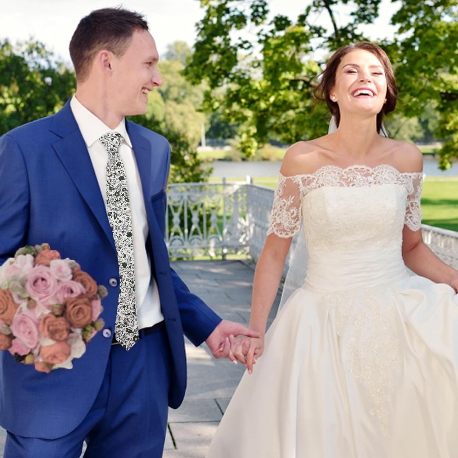 Mantieqingway Men Skinny Tie Cotton Floral Necktie for Wedding Groomsmen Tie - Image 4