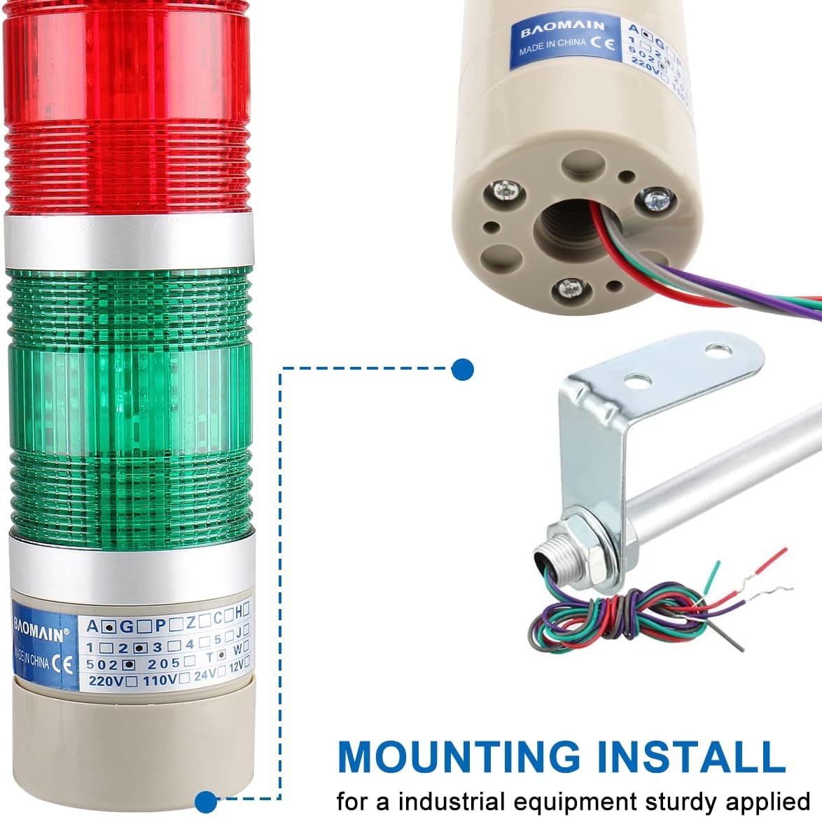 BAOMAIN Industrial LED Signal Tower Light, 2-Tier Red and Green Steady Stack Light, AC 110V Machine Status Warning Indicator with Aluminum Rod and L-Bracket, LTA-502T
