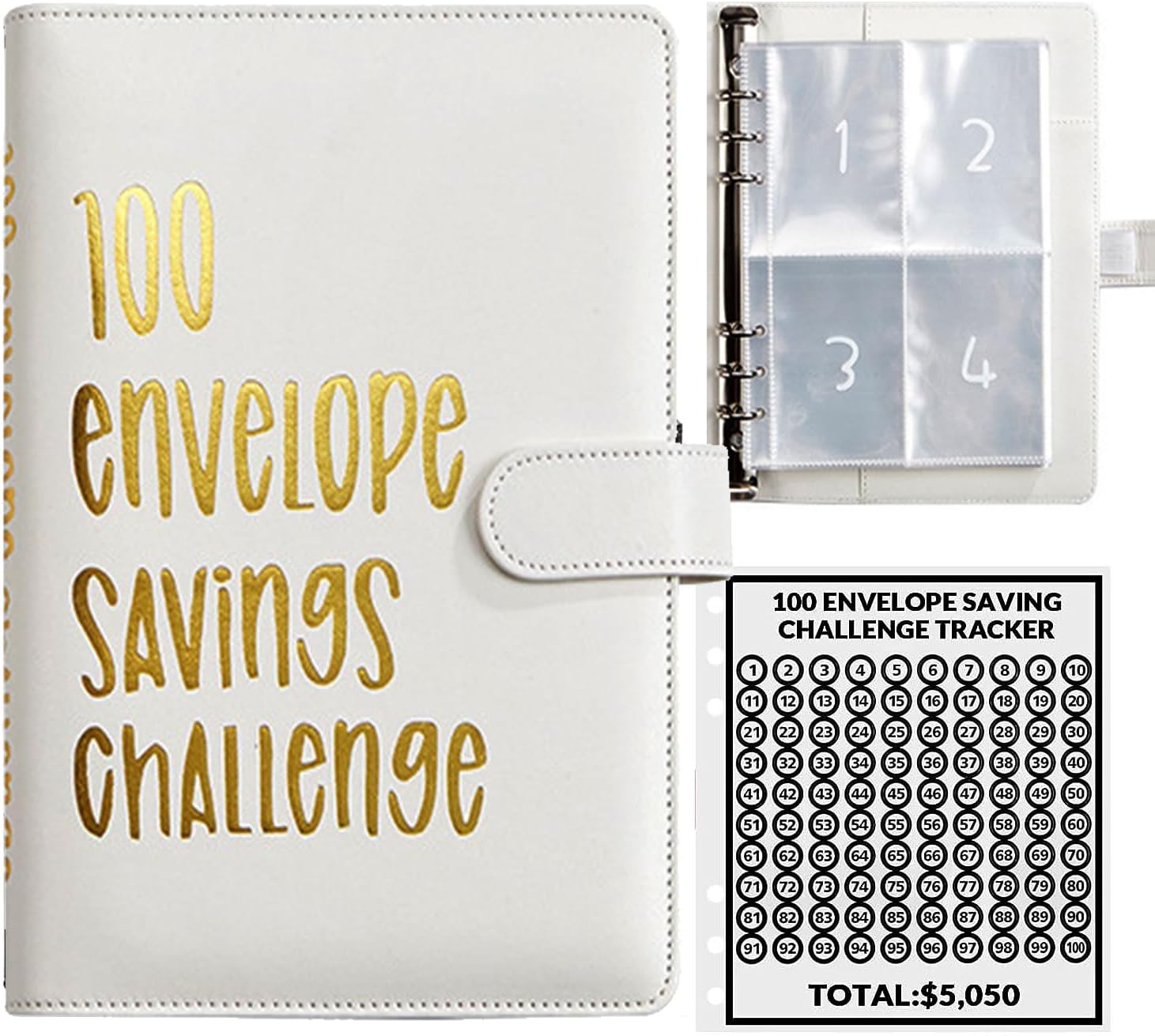 100 Envelopes Money Saving Challenge, 100 Envelope Challenge Binder, Easy and Fun Way to Save $5,050, Savings Challenges Budget Book Binder with Cash Envelopes for Office,Home,School (White)