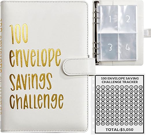100 Envelopes Money Saving Challenge, 100 Envelope Challenge Binder, Easy and Fun Way to Save $5,050, Savings Challenges Budget Book Binder with Cash Envelopes for Office,Home,School (White)