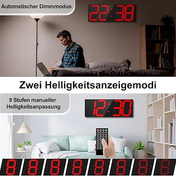 CHKOSDA Automatic Digital Wall Clock LED Wall Clock with Large Display Multifunction Clock with Alarm and Timer Automatic Time Sync Digital Clock with Adjustable Brightness (Red)