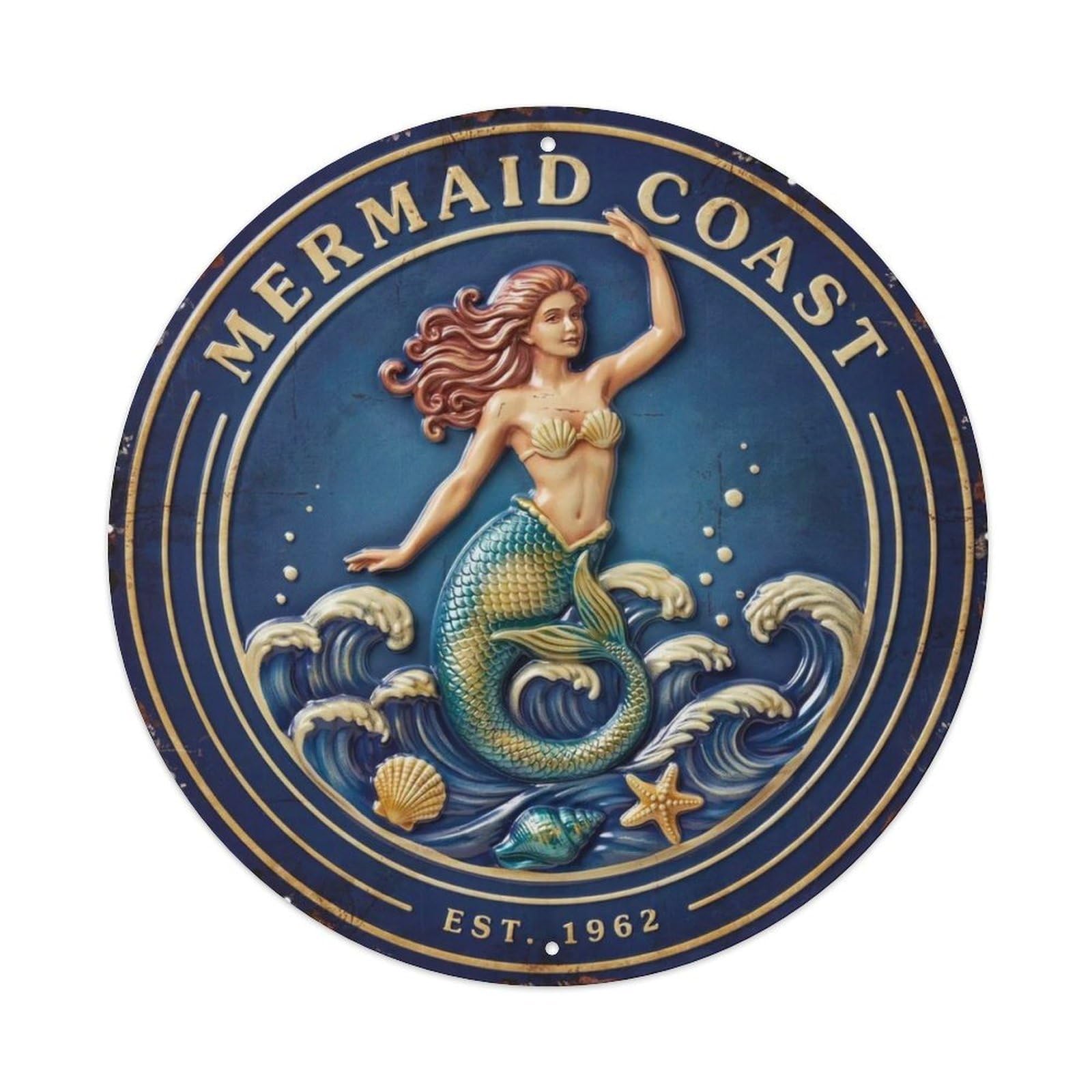 3D Embossed Vintage Mermaid Round Metal Tin Sign Plaque