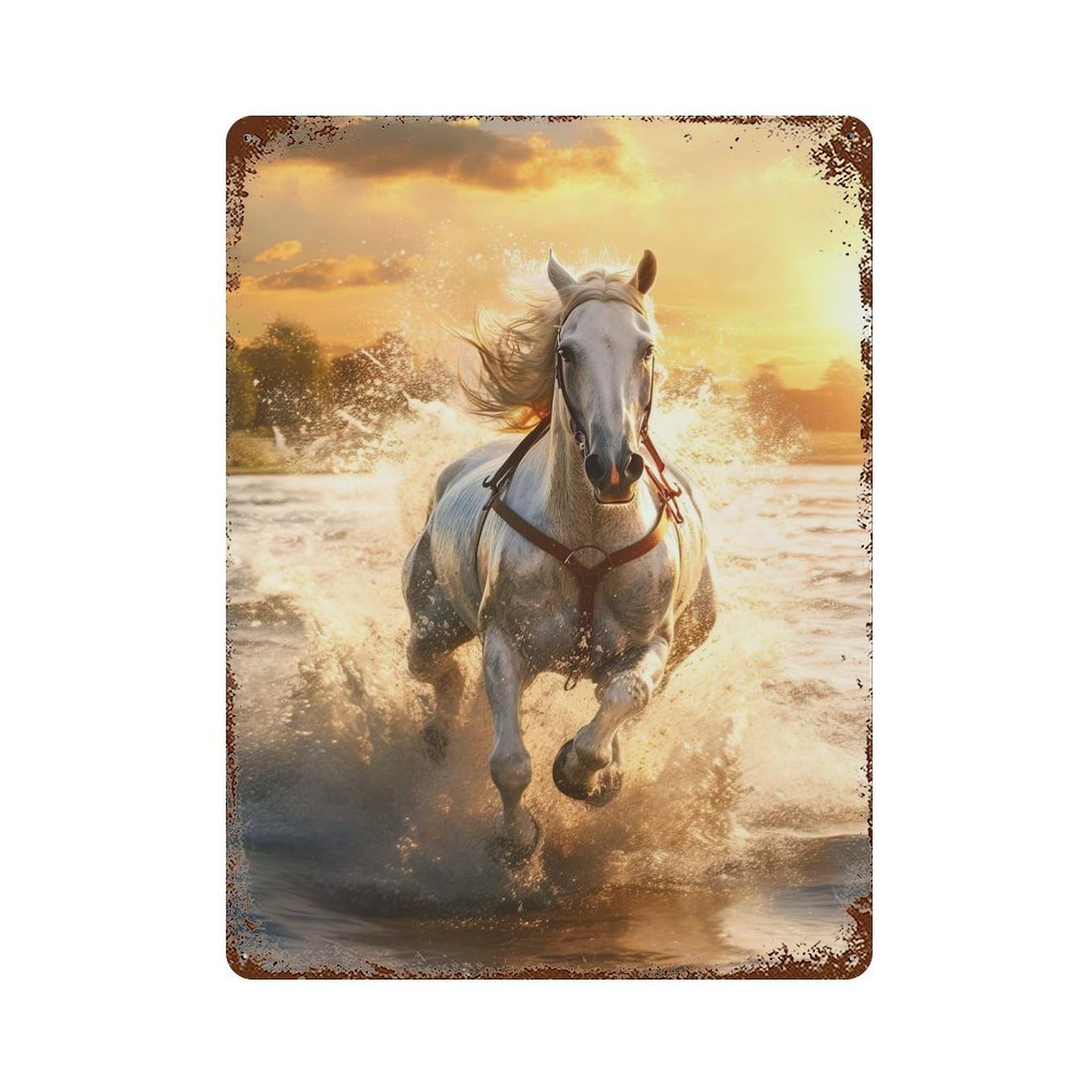 The Galloping Stallion Rust Effect Tin Sign 15.7"x11.8", Industrial Home Decor for Bistro, Counter And Cafe Decor
