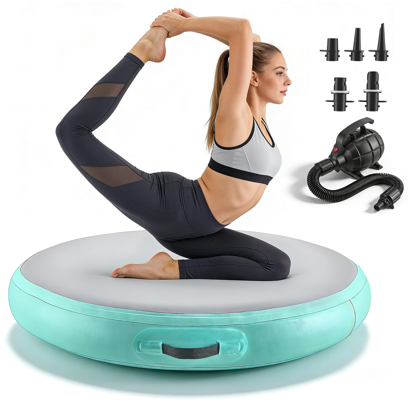 Colchoneta hinchable redonda, 90/100 cm, rollo de aire para gimnasia, material de PVC con 15 cm de grosor, incluye bomba de aire eléctrica