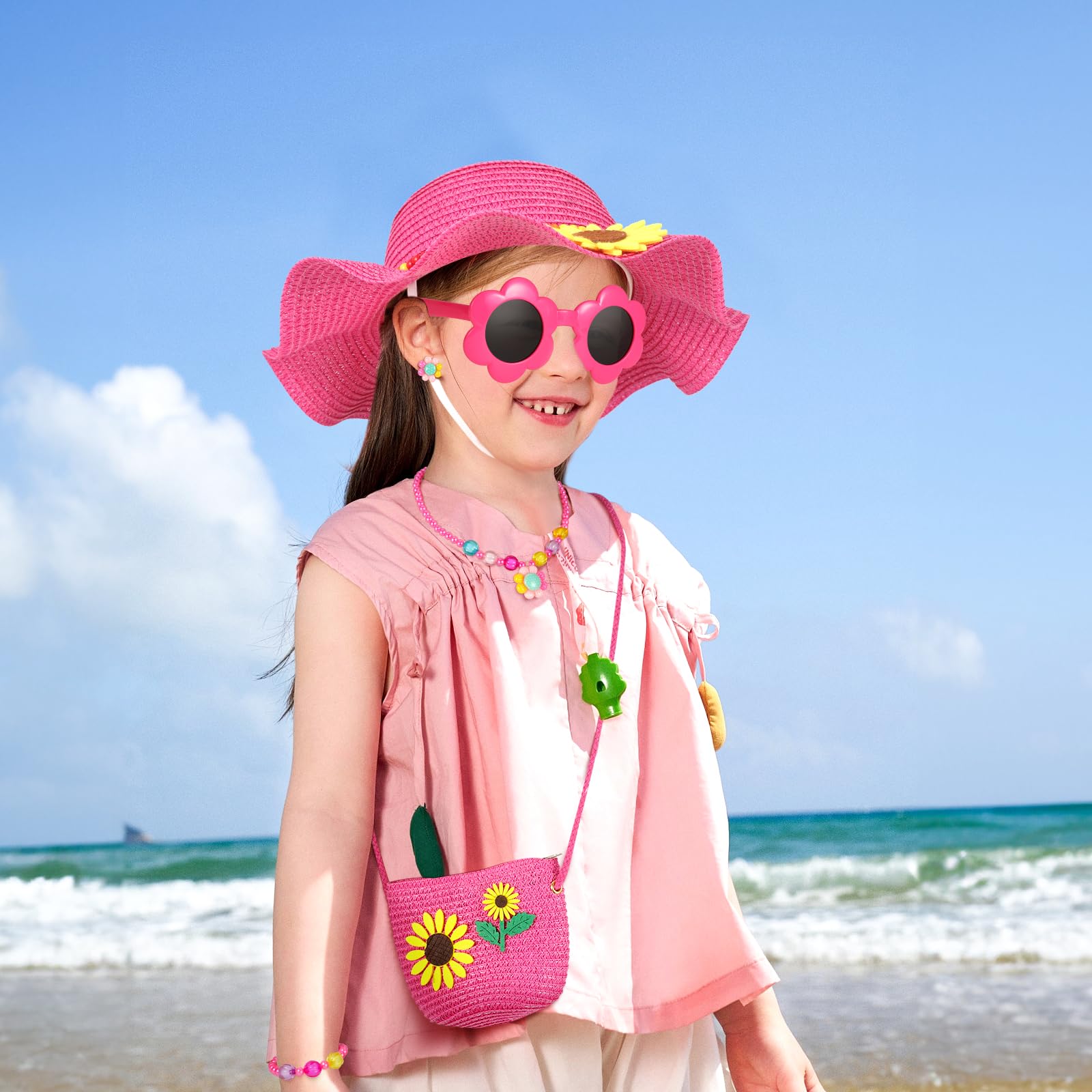 Sonnenhut Kinder Stroh Tasche, Mädchen Strohhut Set mit Kinderschmuck Sonnenbrille, Sommerhut Umhängetasche Mädchen Strohhüte mit Blumendekoration Sommer Strandhut Sonnenhüte