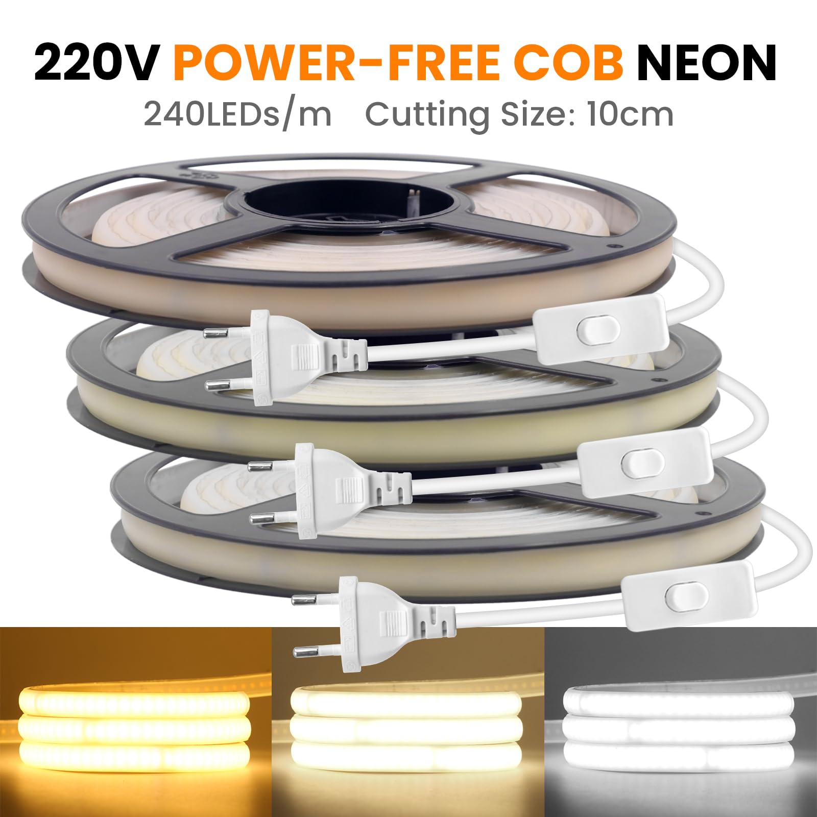 Tira LED Neón COB 220V con Encendido/Apagado [50M, Blanco Cálido 3000-3500K],IP65 Impermeable Flexible,320 LEDs/m Tira LED FCOB CRI85+,Cortable cada 10cm,Decoración para Hogares y Tiendas