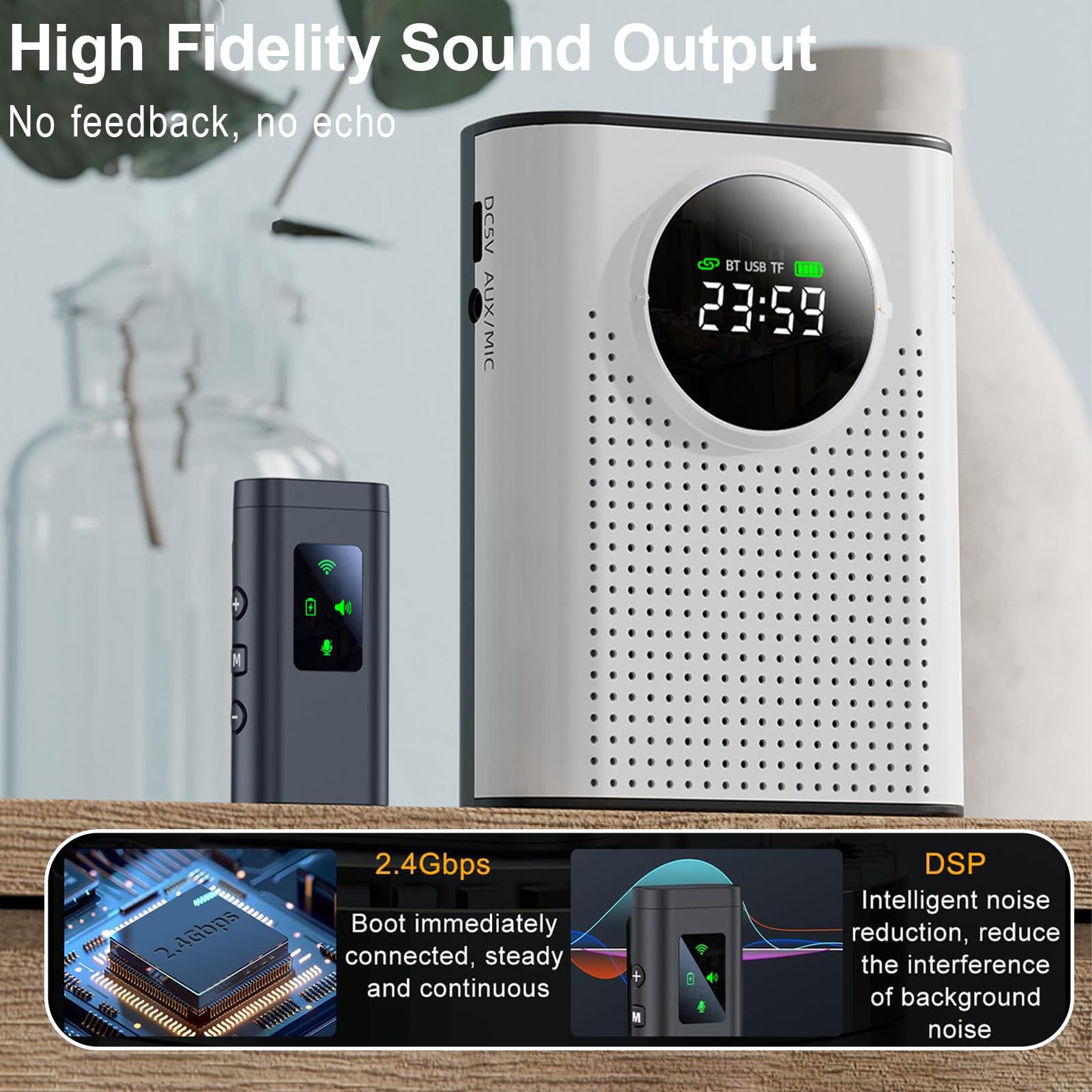Amplificateur de Voix Sans Fil avec Microphone Lavalier, Portable Enceinte avec Micro 2,4 GHz Prise en charge Bluetooth/carte TF/clé USB/entrée AUX pour Enseignants, Guides, Présentateurs, Conférences