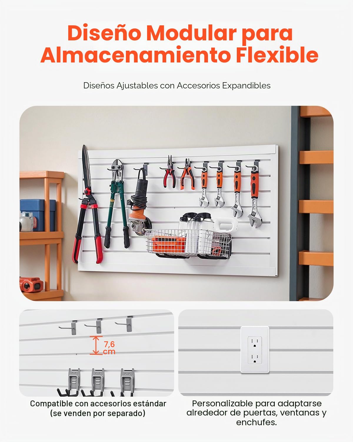 VEVOR Paneles de Pared de Listones 1225 x 645 x 20 mm, Panel de Listones de Garaje de PVC Diseño Modular con Estructura de Acoplamiento y Corte de Bricolaje para Almacenamiento y Exhibición, Blanco