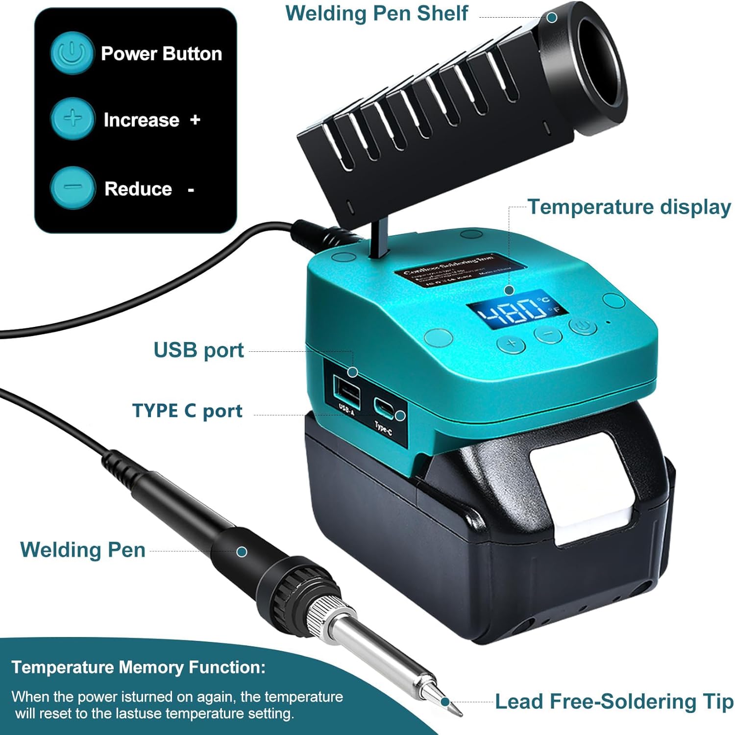 Soldering Iron Station kit Compatible with Makita 18V Battery, Cordless Soldering Iron with Low Voltage Protection, USB & Type-C, Battery Powered Soldering Kit for DIY, Appliance Repair