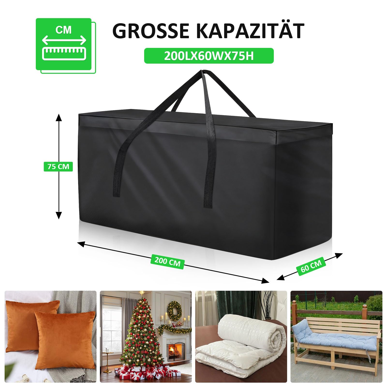 Housse Coussin Exterieur, Rangement Coussin Salon de Jardin, Iimperméable, Étanche à la Poussière, Anti-UV, Sac de Rangement pour Le Sapin Noel Coussins de Meubles de Jardin (200 * 60 * 75cm) | Oxford 600D indéchirable, pour meubles de jardin, coussins et