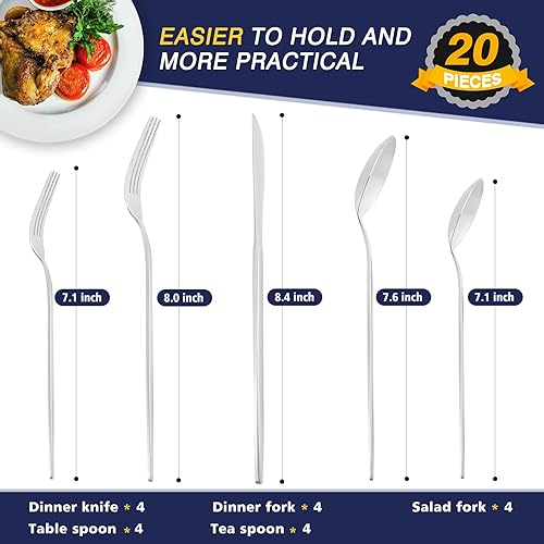 Miniatura 8 de Oliviola Juego de 5 utensilios de servir negro mate, juego de cubiertos de acero inoxidable que incluye cuchara, tenedor, cuchillo de mantequilla y