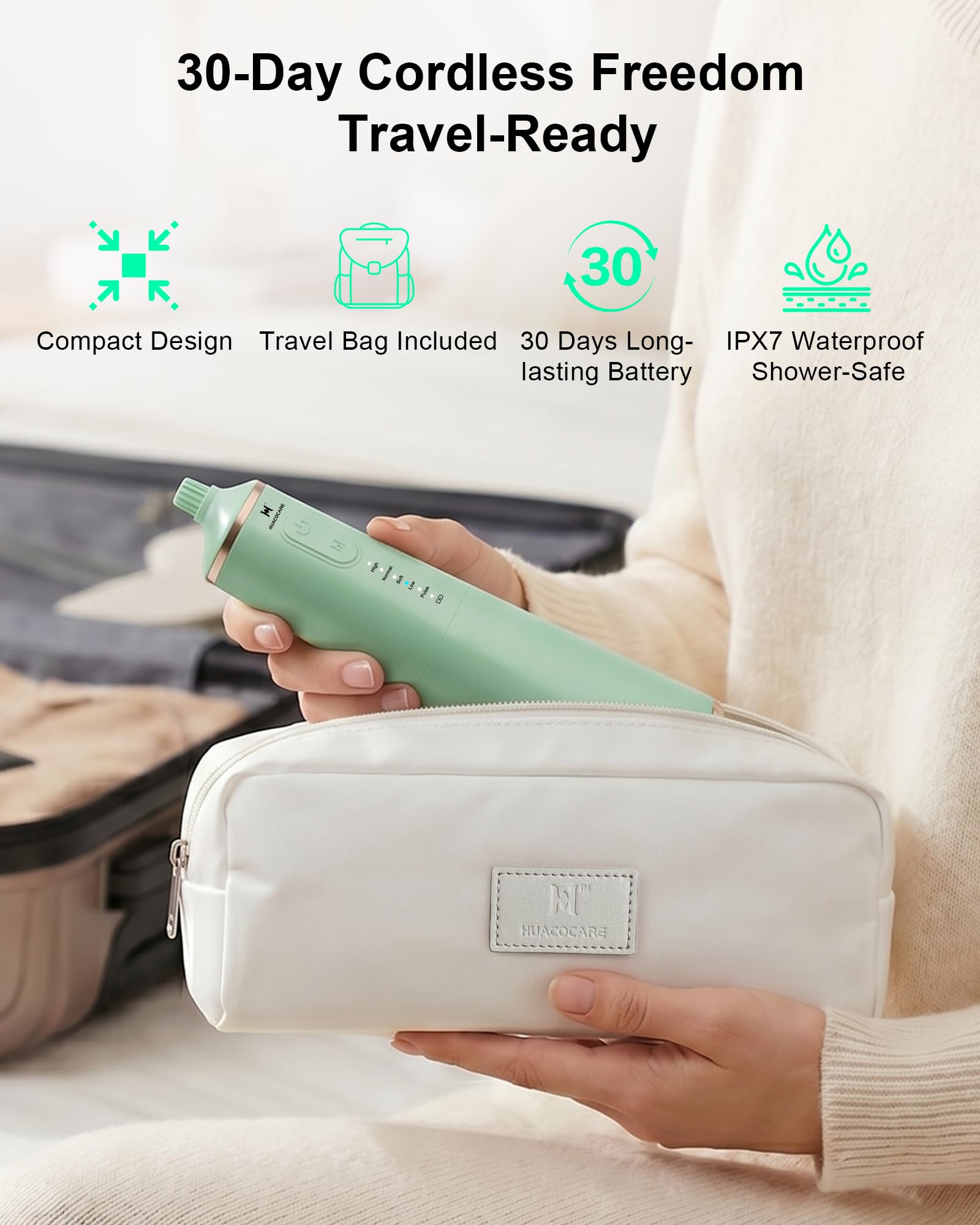 HUACO CARE Irrigador bucal de agua mejorado de 300 ml, 5 modos de irrigador oral inalámbrico profesional, limpiador dental de agua de pulso de alta presión para el hogar y viajes, elimina la placa