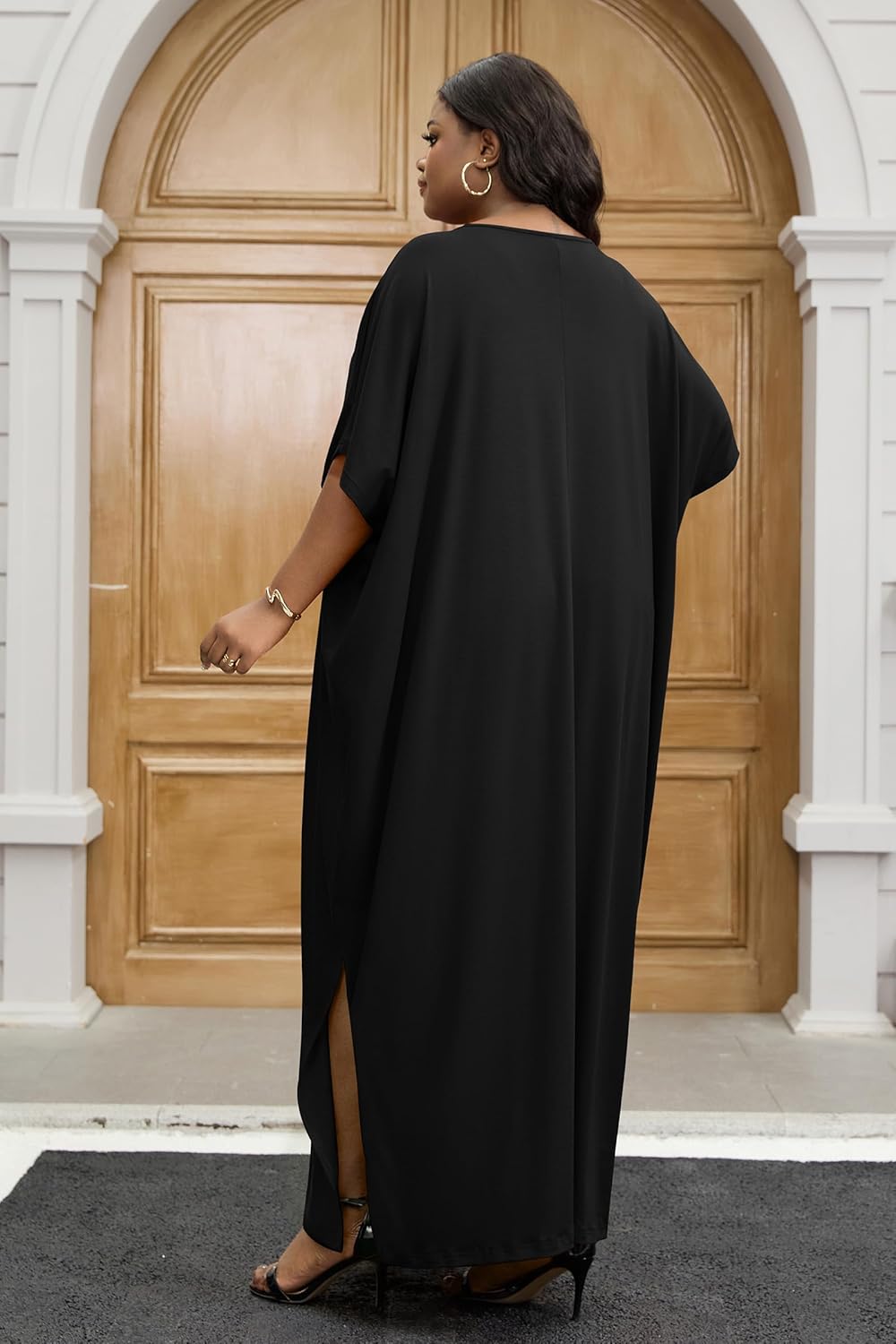 Runwind Women’s Kaftan Maxi Dress Casual V Neck Loose Split Short Sleeve Long Dresses for Church Vacation Plus Size - Image 3