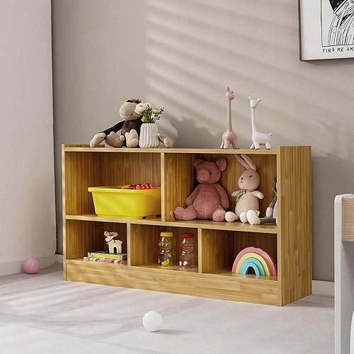 Miniatura 16 de HONEY JOY Organizador de almacenamiento de juguetes para niños, estante de almacenamiento de 5 secciones para preescolar, 2 niveles de madera