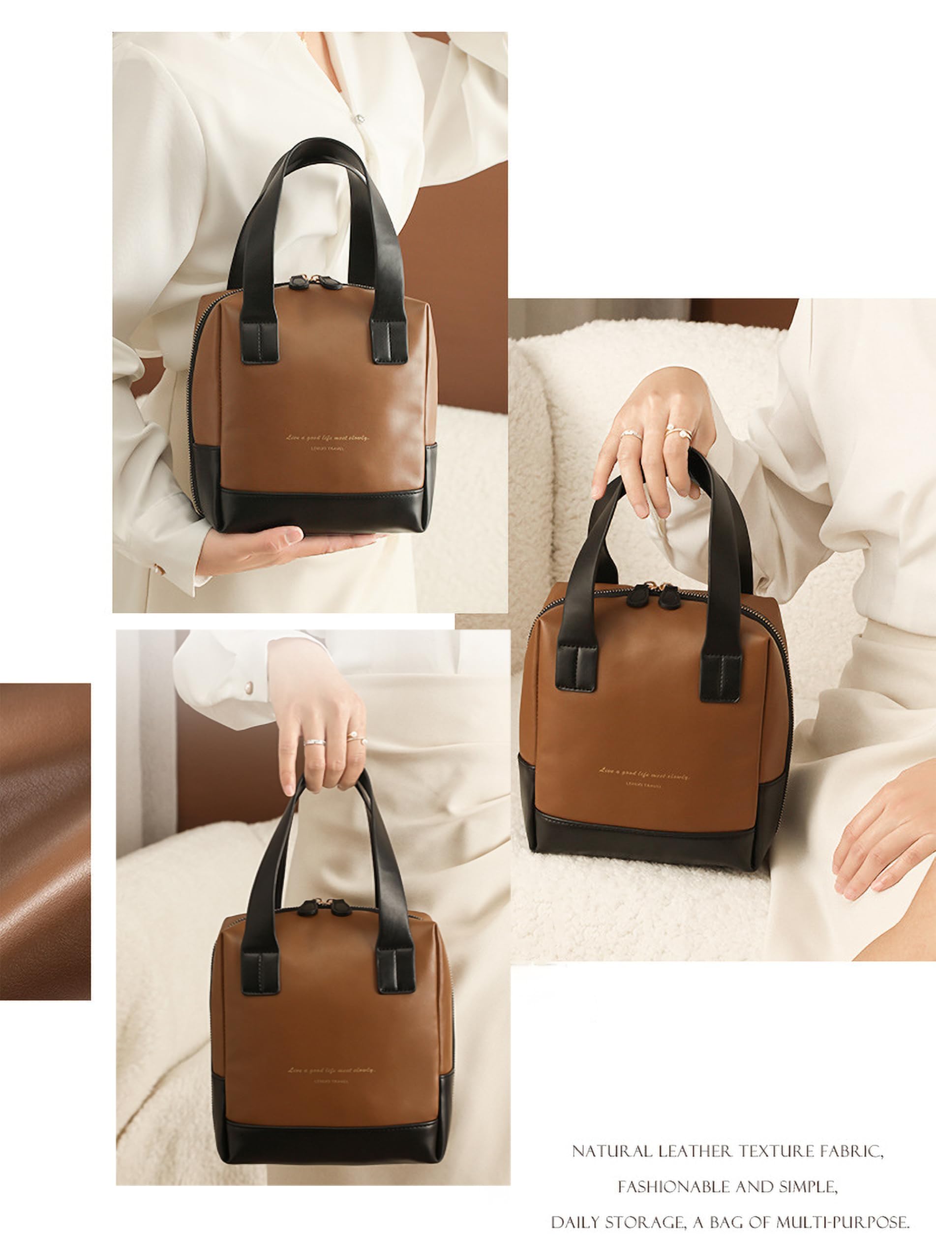 Minimalist Retro Style Makeup Bag for Women Girls Travel-Waterproof PU Leather Cosmetic Organiser for Makeup Brushes&Nail Polish/Portable Toiletry Bag with Zipper/Essentials Handbag - Image 4