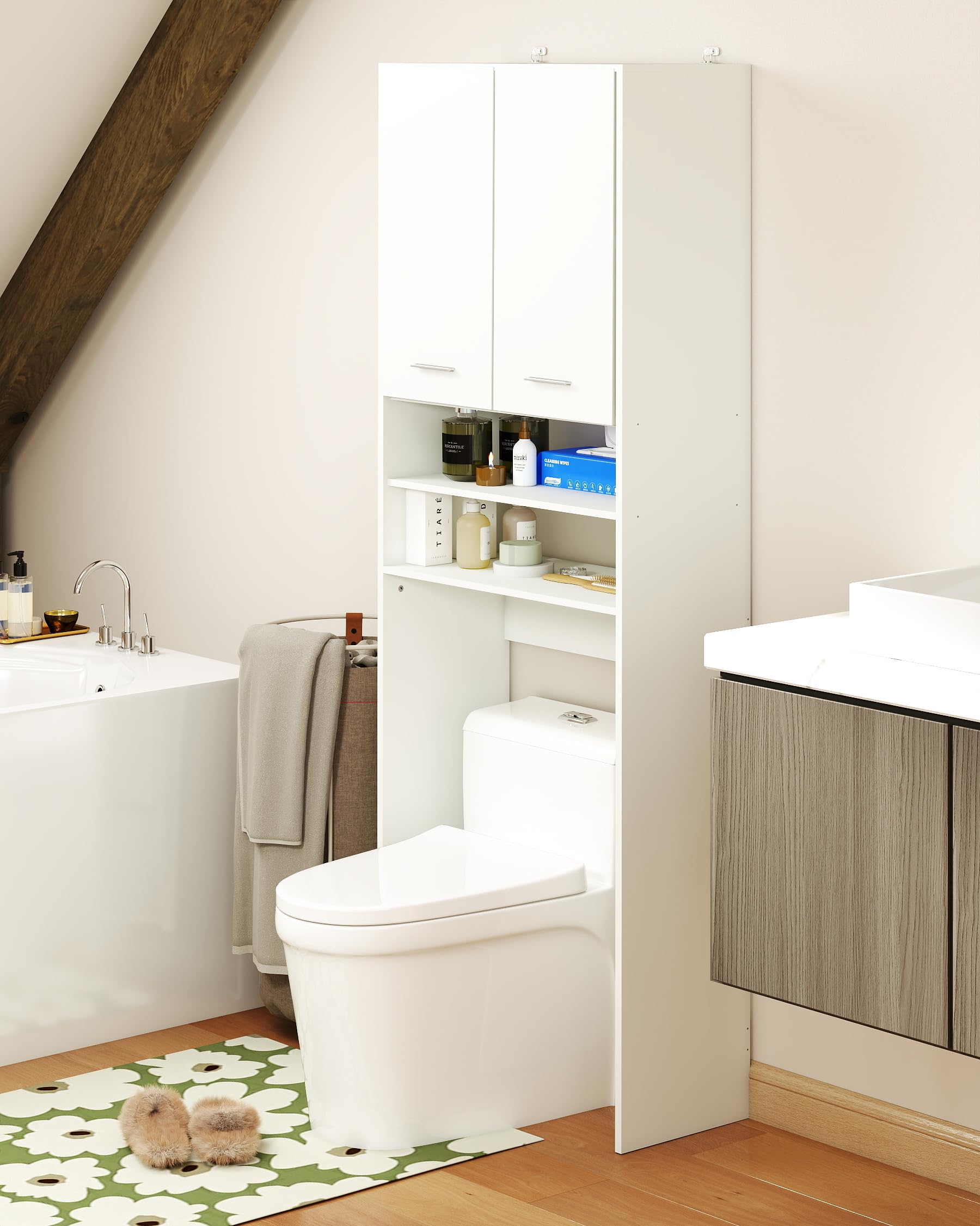 Waschmaschinenschrank mit Türen 64×30×179.5cm Waschmaschinenregal Bathroom Cabinet Badschrank Hochschrank Regal über Waschmaschine Weiß