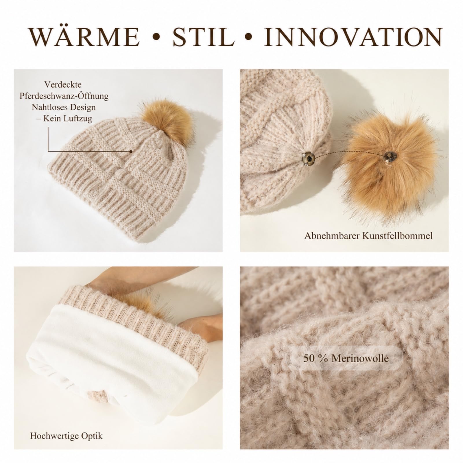 TOP-EX Damska czapka zimowa Beanie 50% wełna merynosowa z otworem na