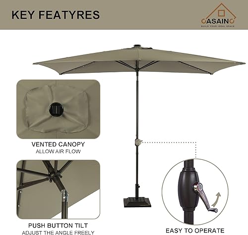 Miniatura 7 de CASAINC Sombrilla solar LED rectangular de 6.5 x 10 pies para patio, mesa de mercado, sombrilla de aluminio con botón de inclinación y manivela para