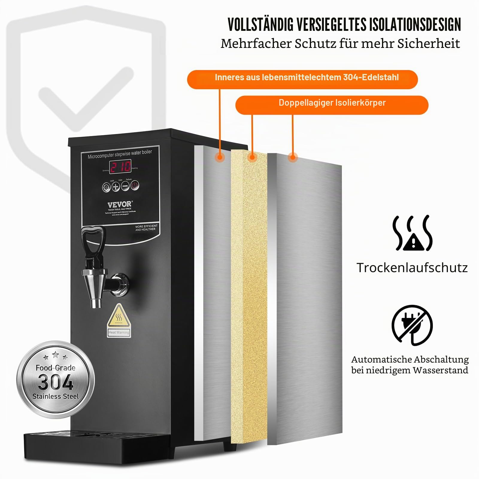 VEVOR Gewerblicher Heißwasserspender 10 L, 1,5 kW Wasserkocher Elektrisch mit Heizrohr aus Edelstahl 316, Stufenweise Schnellaufheizung 50 L/h Heißwasserbereiter für Cafés Teestuben Restaurants Büros