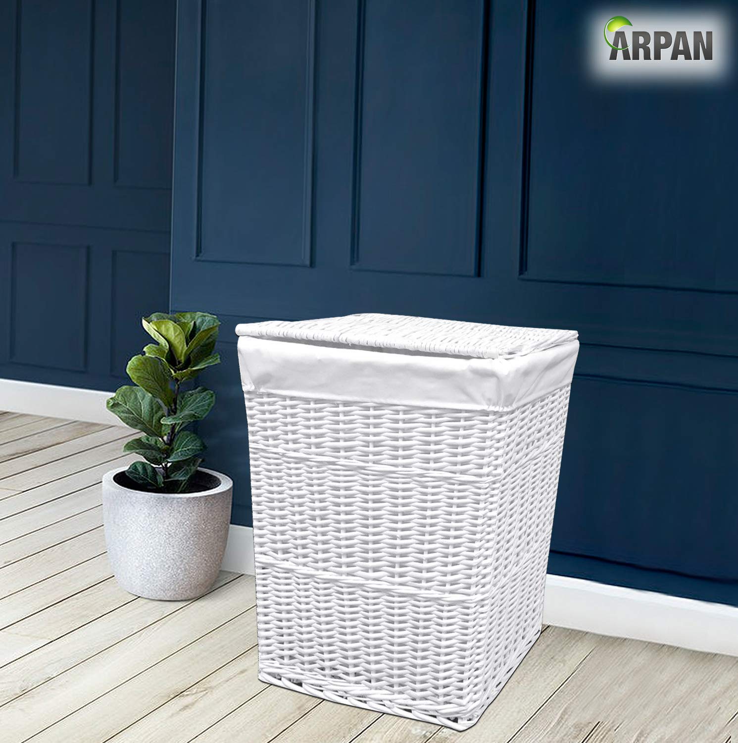 Arpan - Cesto portabiancheria, Grandi Dimensioni, in Vimini, con Rivestimento in Tessuto Bianco, 32 cm Lu x 45 cm la x 59 cm h