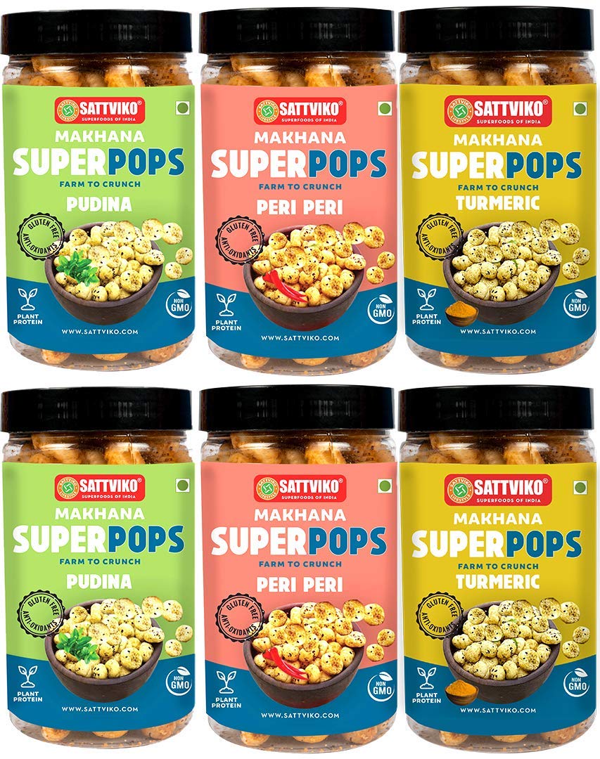 Sattviko Roasted Makhana Variety Pack of 6 - Pudina + Peri Peri + Barbeque + Sweet Chilli, 40 g Each, 320 g, Healthy Snacks, Gluten Free, Organic Diet Food, Foodyoga