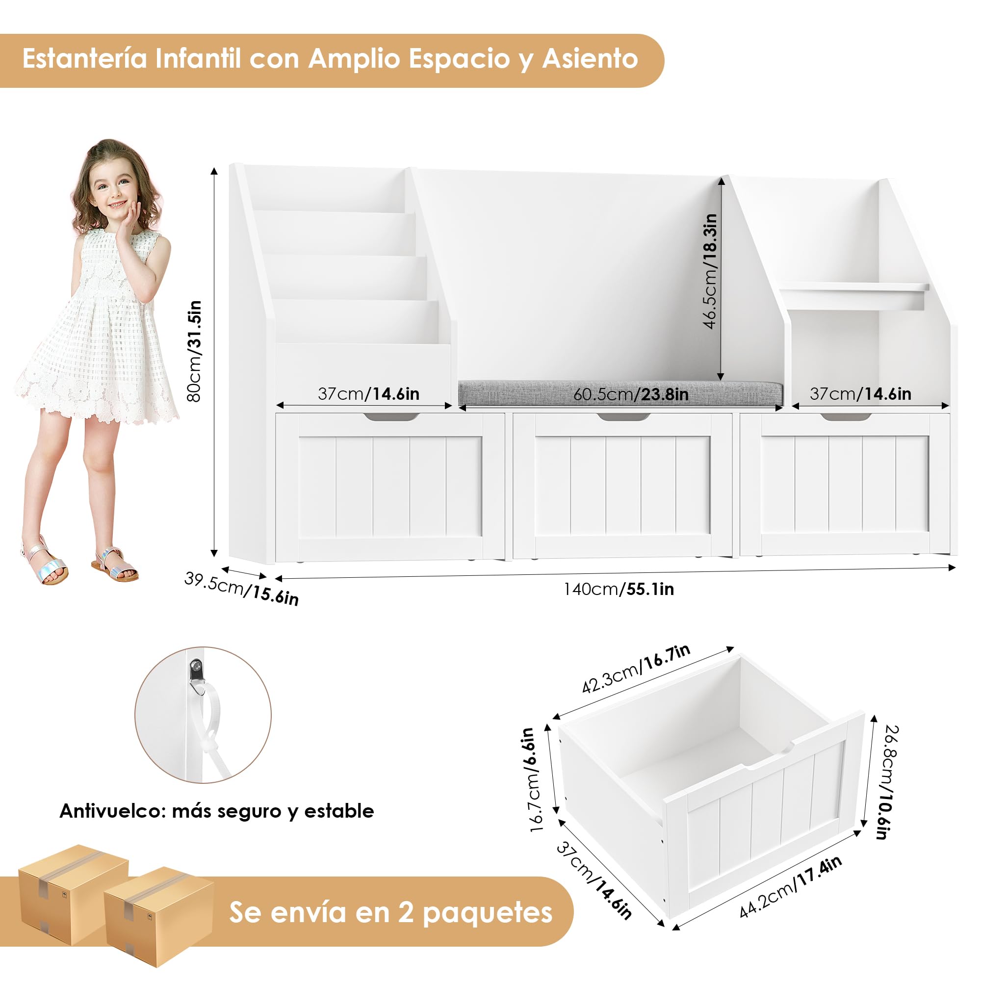 FOREHILL 140cmAn. Organizador de Juguetes y Banco Infantil 2 en 1 con Cojín | Mueble Almacenaje Juguetes, Estantería Infantil con Asiento, 3 Cajones con Ruedas para Habitación Infantil Blanco 140x40x80cm