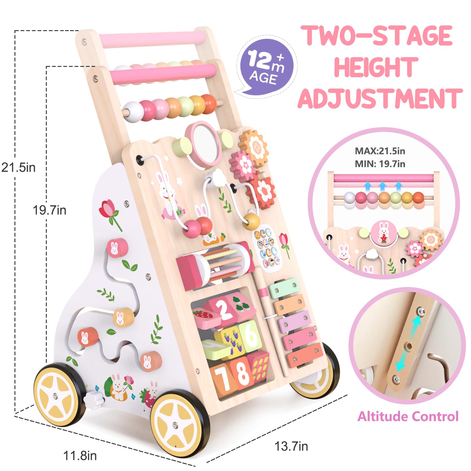 Carrello Primi Passi in Legno per Bambini – Girello Montessori con Centro Attività – Altezza e Velocità Regolabili – Giocattolo Educativo per Bimbi 12+ Mesi, Bambine e Bambini di 1 Anno (Rosa) - 2