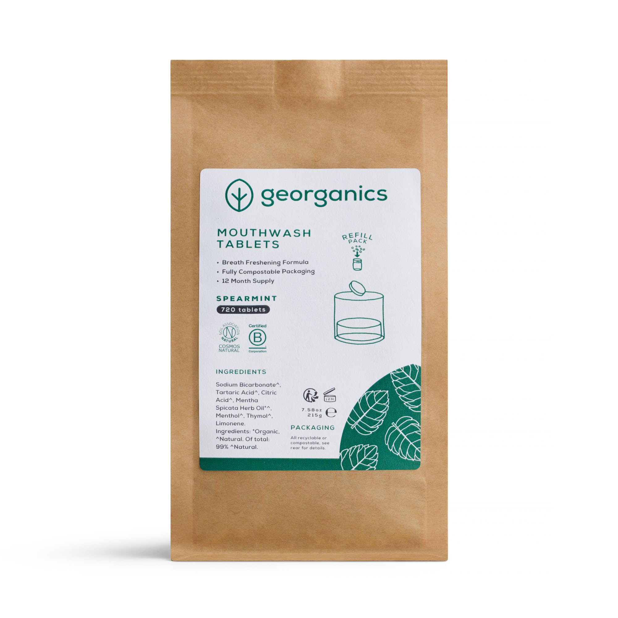 Georganics - Pastillas Orgánicas de Enjuague Bucal - Tabletas Refrescantes para el Aliento con Bicarbonato de Sodio y Mentol - Vegano y Cruelty Free, sin Flúor et SLS - Menta Verde - 180 Tabletas