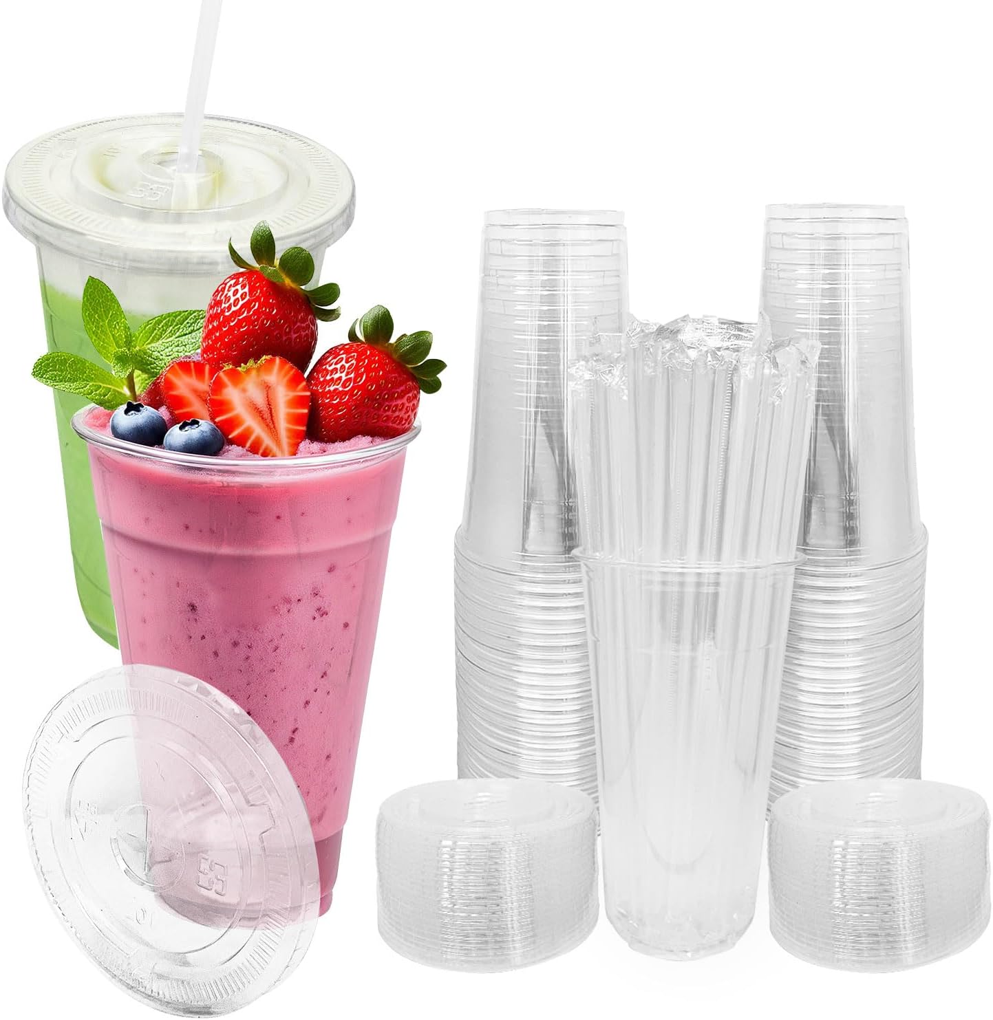 [50 SETS] 32 oz Cups with lids, Plastic cups with lids and straws, iced coffee cup, suitable for takeout iced coffee cold drinks, smoothies, juices, parfaits, Frappuccinos, and milkshakes.