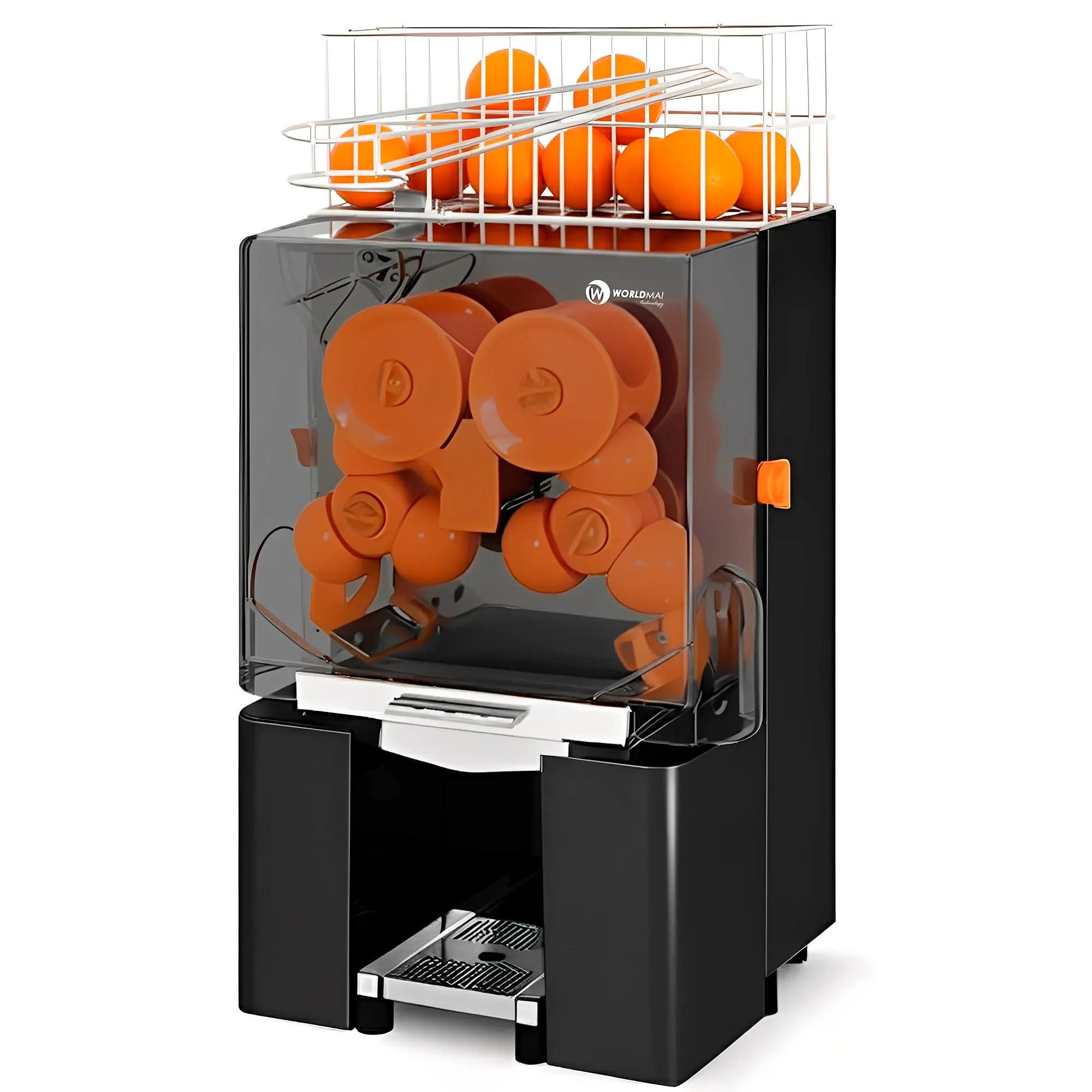 Exprimidor de naranjas automático industrial WORLDMAI para hostelería. Exprimidora profesional de zumos cítricos para bar, cafetería y supermercado.