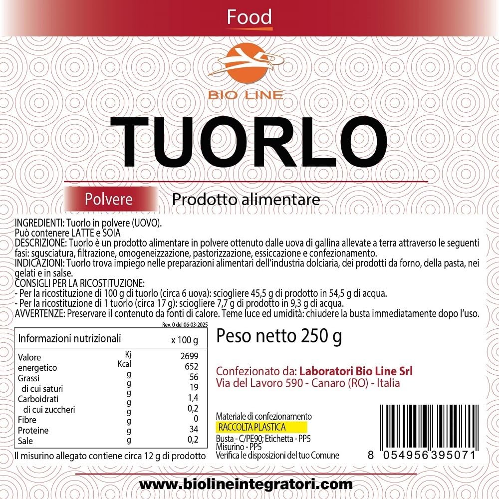 Laboratori Bio Line - Tuorlo d'Uovo in Polvere (250gr) Prodotto Alimentare Ottenuto da Uova Fresche di Gallina, Indicato per Preparazione Dolci e Alimenti da Forno, Prodotti Alimentari Naturali