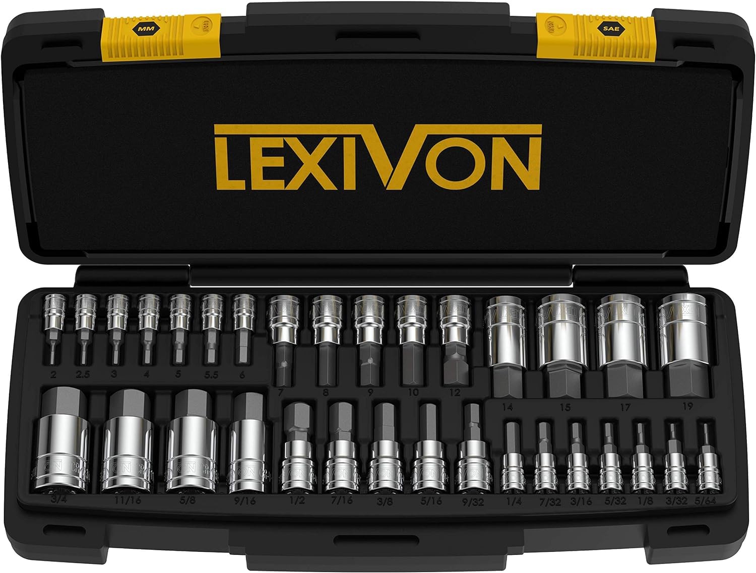 LEXIVON Juego de llaves de vaso hexagonales Master, acero aleado S2 Premium | Juego completo de 32 piezas, SAE y métrico | Estuche de almacenamiento mejorado (LX-144) | Juego Completo de 32 Piezas, SAE y Métrico, Estuche de Almacenamiento Mejorado (LX-144)
