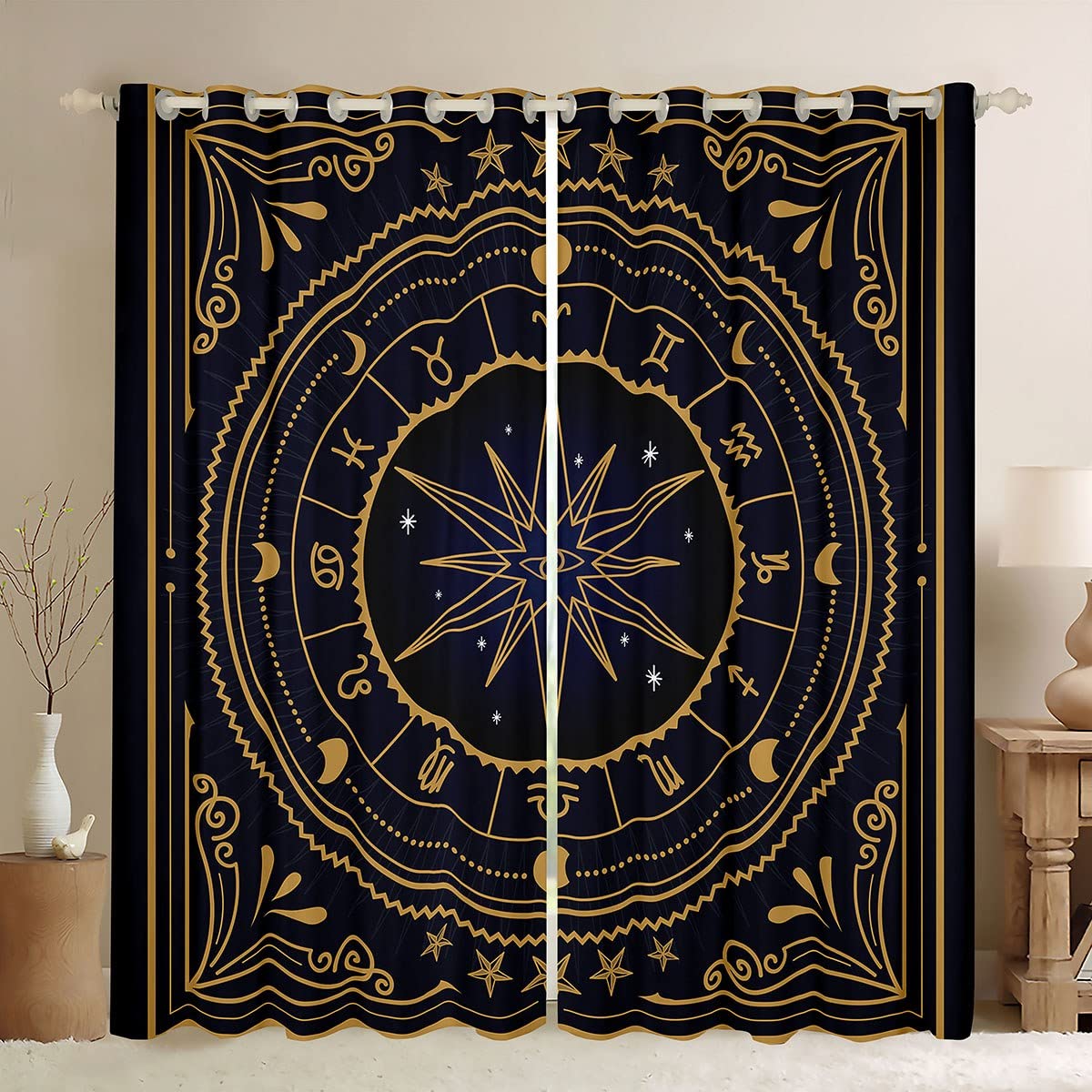richhome Constellation Curtains,Sun Moon Tarot Window Curtains For Boys Girls Teens,Bohemian Style Window Treatment Home Decor,Golden Stars Darkening Drapes For Living Room Bedroom,46Wx54L — image 1