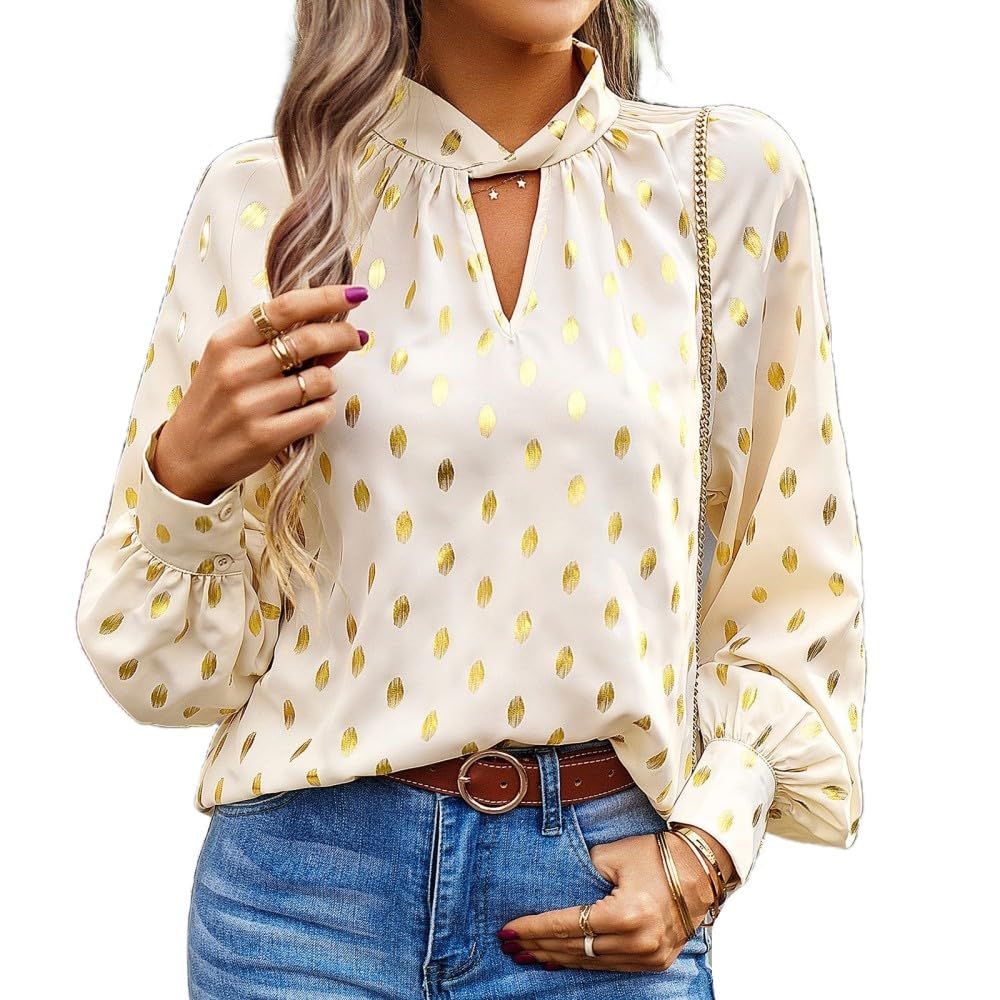 Bluse Damen Langarm,Damen Freizeitbluse, Hohler Twist Stehkragen, Pullover Hemd, Grüne Polka Dot Bronzierung, Stilvolles Hemd, Raglan Langarm Elegante Bluse, Arbeits Und Ausgeh Blusenoberteile