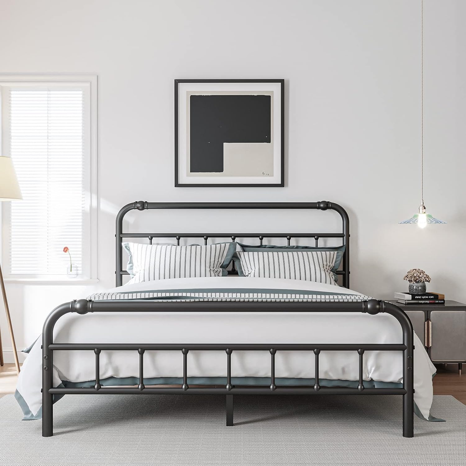Queen Size Bed Frame with Headboard and Footboard, 18 Inches High, 3500 Pounds Heavy Duty Metal Slats Support for Mattress, No Box Spring Needed, Noise-Free, Black Queen-04