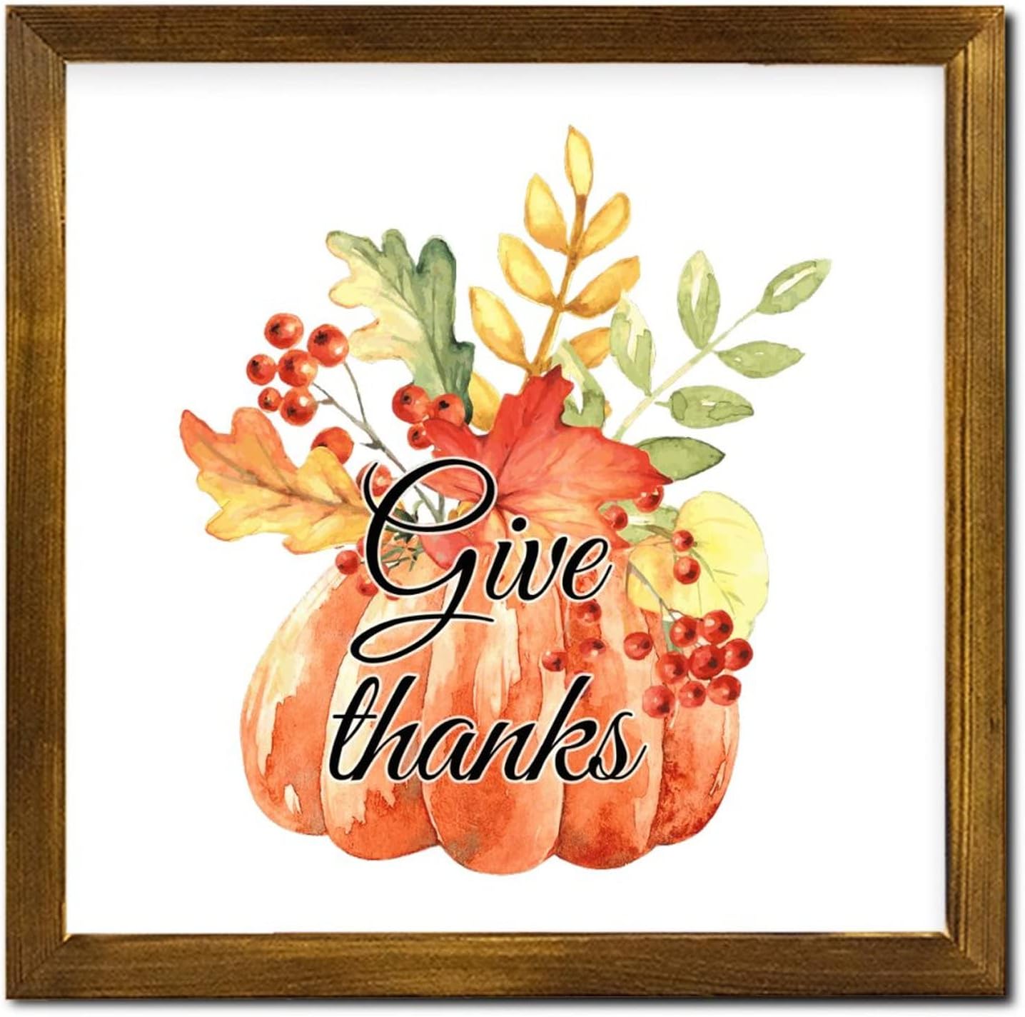 Give Thanks Thanksgiving Day Framed Wooden Signs Pumpkin Maple Leaves Wall Art Sign Vintage Harvest Thanksgiving Wall Art Hanging Decorative for Home Kitchen Bar Room Garage Bedroom 12x12 inch