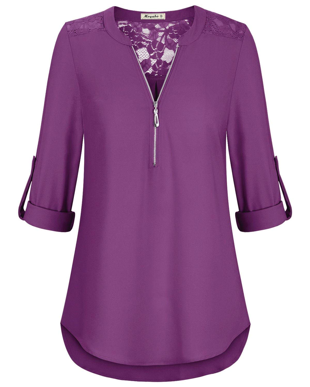 MoyaboWomens Elegant V Neck Blouse 3/4 Sleeve Lace Patchwork Zip Up Chiffon Long Sleeve Tops
