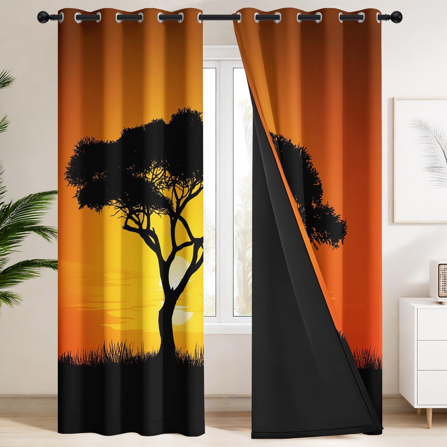 Generisch Bäume, Sonnenuntergang, Orange Vorhang Blickdicht 2er-Set B 91.5 x H 214 cm Minimalistische Silhouette, Weit, Ösen-Gardinen, Thermo-, Kälte- & Lärmschutz