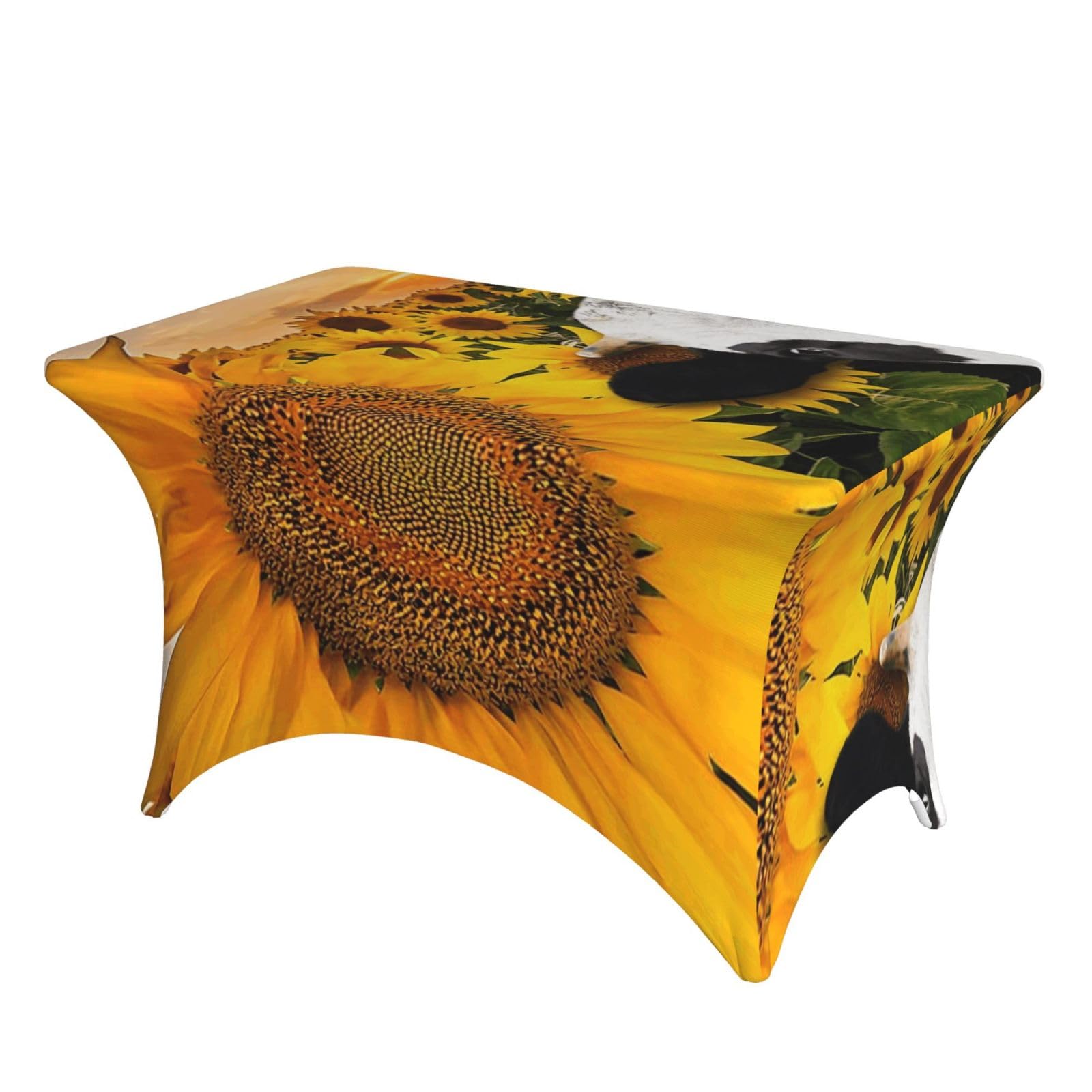 Dcehgew Sunflower And Cow 4Ft Spandex Rectangular Table Cloth, Printed Fitted Elastic Tablecloths Washable Table Cover For Event, Wedding, Banquet & Party