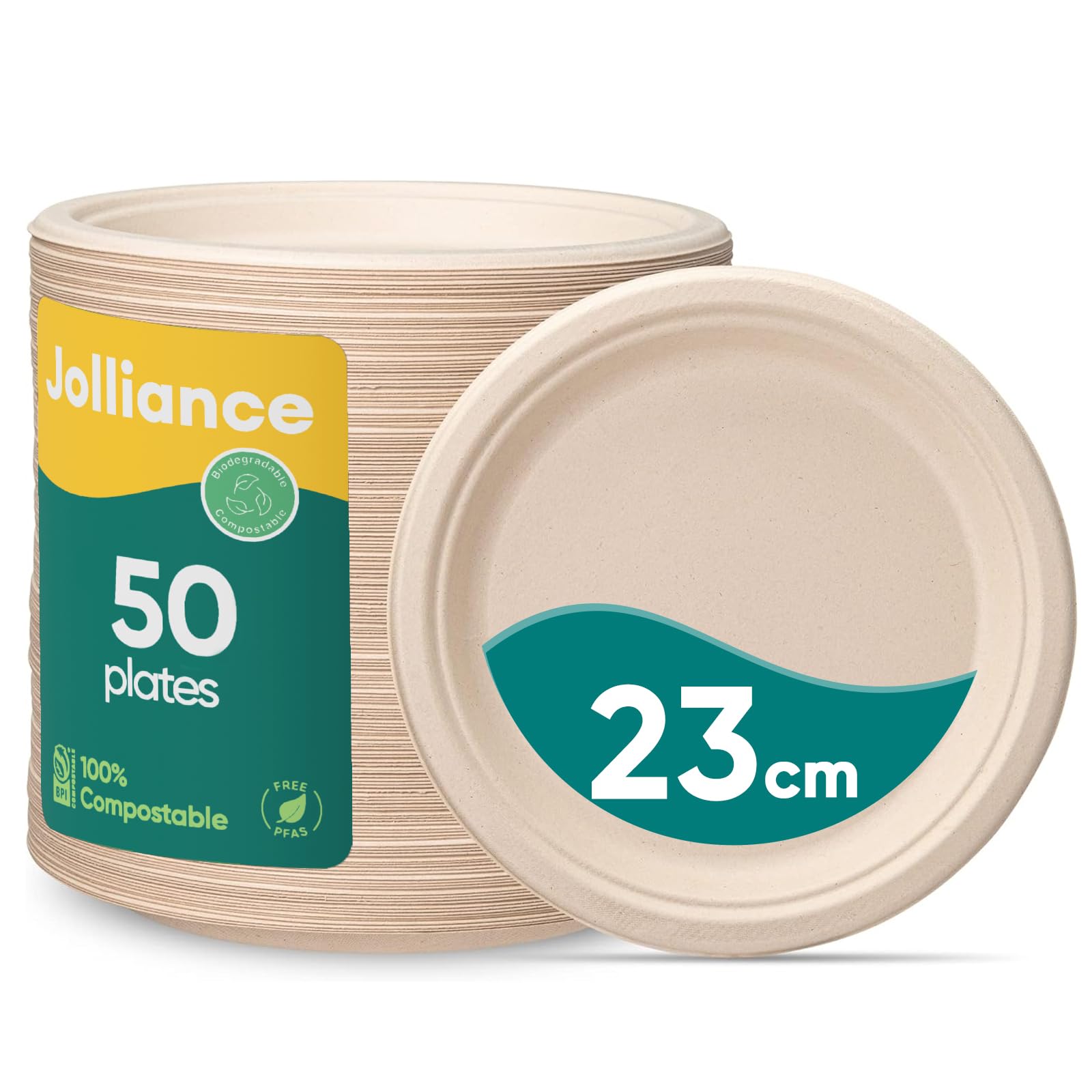 Jollliance Piatti di Carta 100% Compostabili, 23 cm - Resistenti, Confezione da 50, in Bagasso di Canna da Zucchero Naturale, Marrone, Monouso