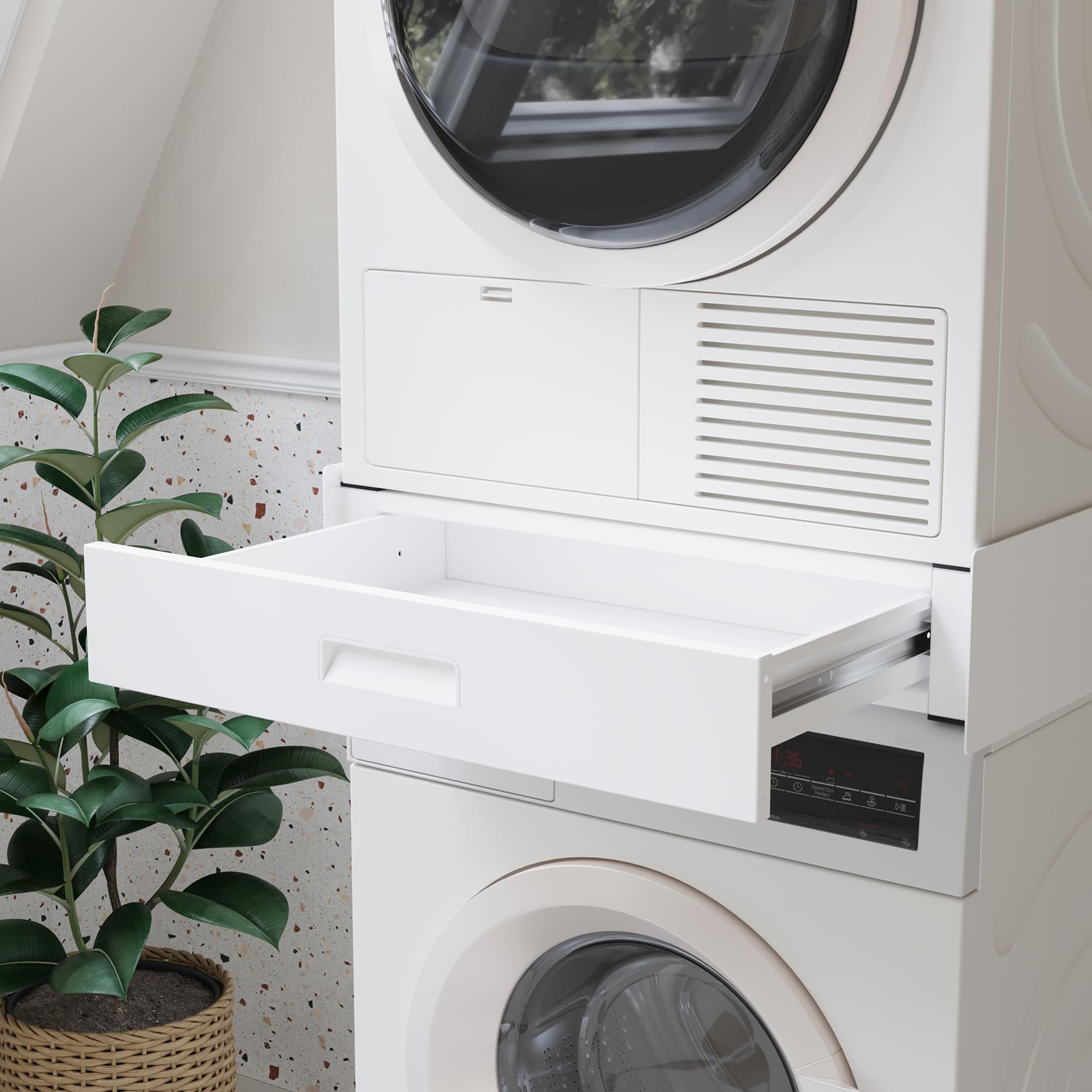 [en.casa] Kit Sovrapposizione Lavatrice Asciugatrice 61x54 cm Bianco | Set Congiunzione Accatastamento Supporto Universale Con Cassetto Cinghia di Fissaggio Colonna Bucato in Acciaio