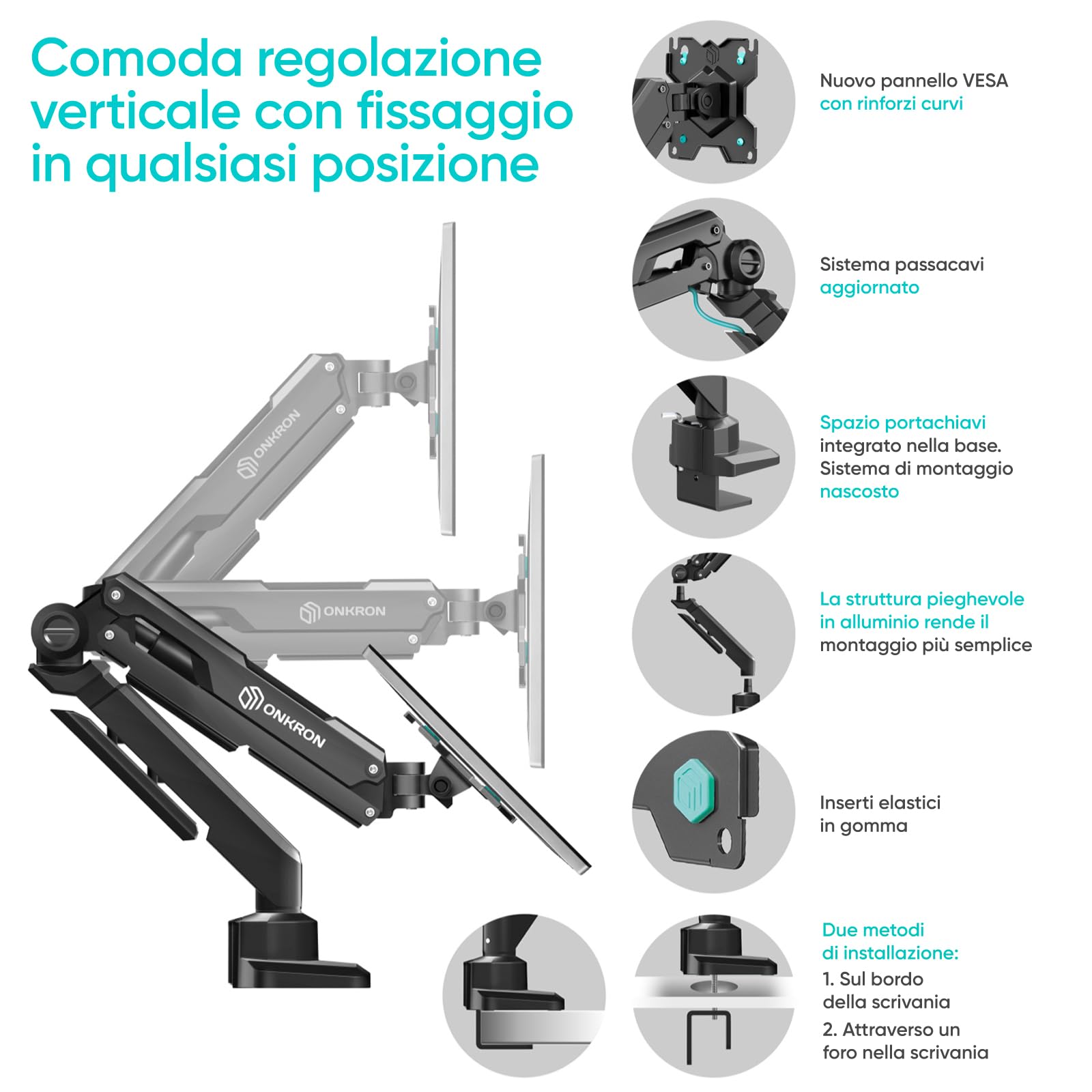 ONKRON Supporto Monitor Scrivania 13"-34", fino a 10 kg, Braccio Monitor VESA 75x75-100x100 mm, Supporto Schermo PC Scrivania Girevole e Inclinabile, Regolabile in Altezza, Nero G90-B