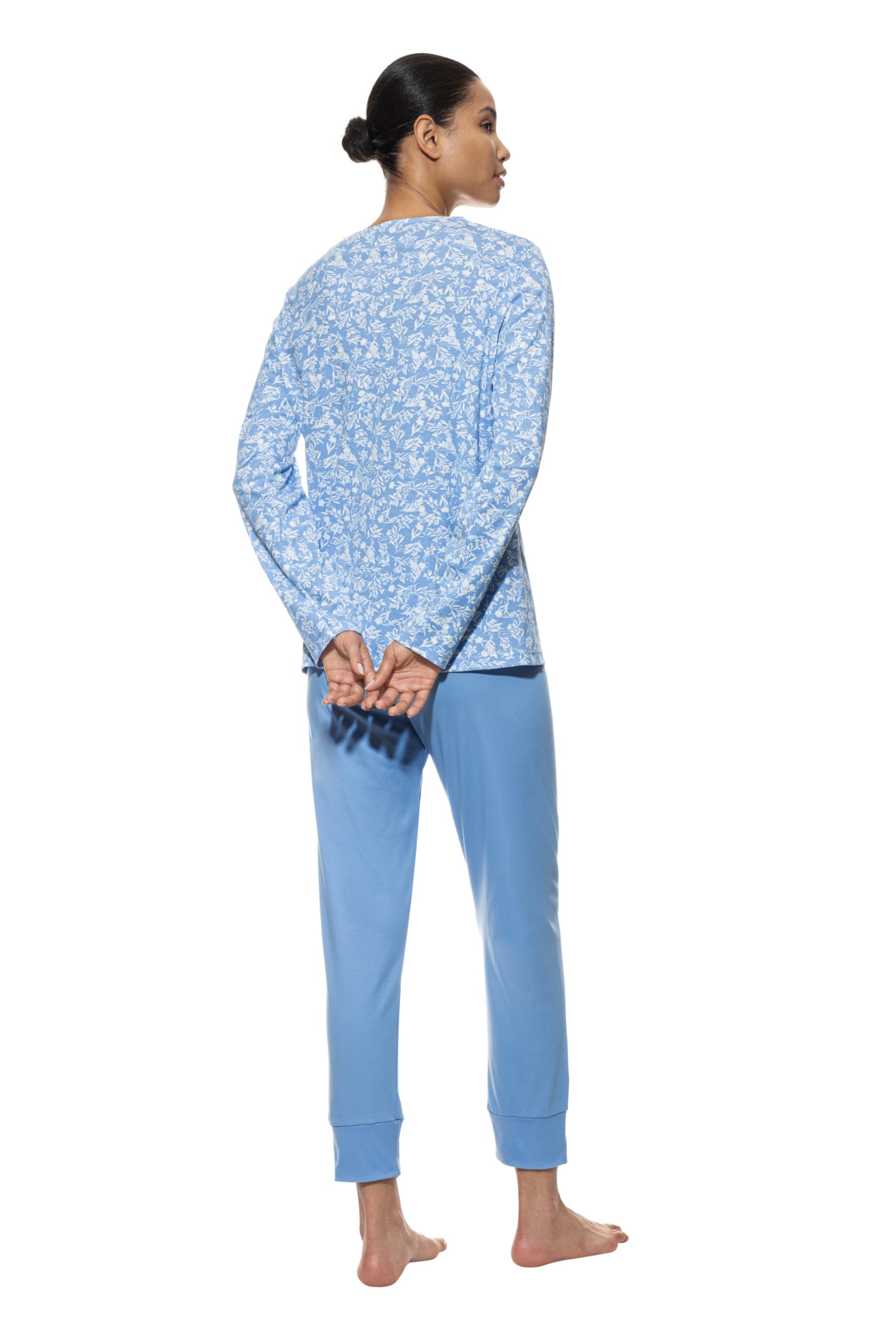 Mey Damen Anzug 7/8 lang, Langarm: 2-teilig, Legere Passform, Rundhalsausschnitt, Oberteil mit floralem Print, 7/8-Hose Uni, Blue Silk, Serie Flower Meadow