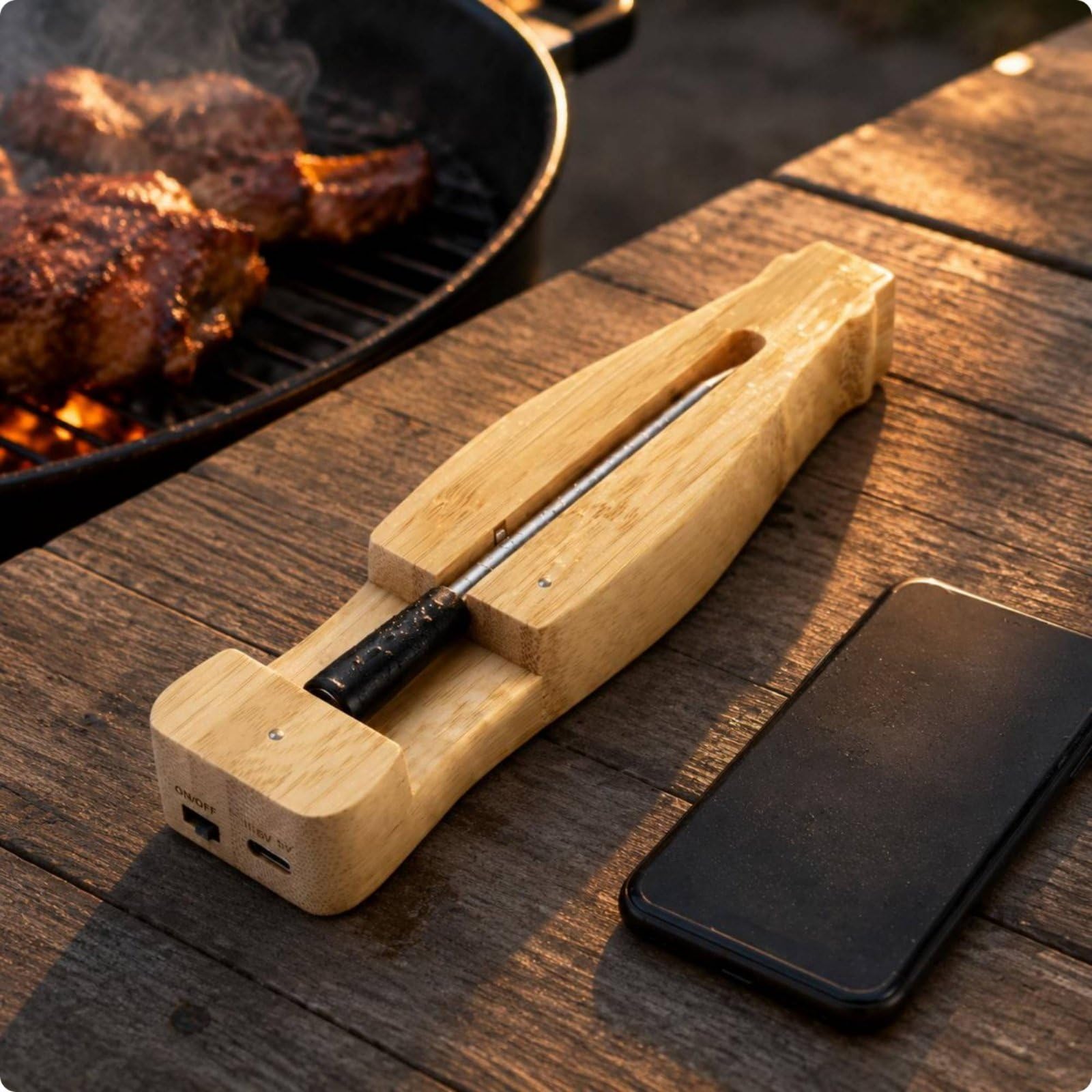 Termometro Carne Bluetooth Ricaricabile Termometro Carne con App Ricarica USB Sonda Termica Smart per Cuochi Domestici, Griglia, Sonda Lunga Singola + Modello Quadrato