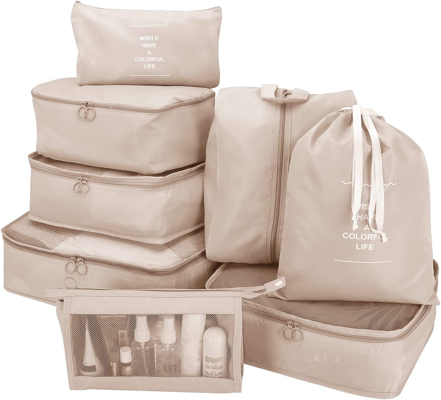 8 Pcs Travel Organizer Pouch Packing Cubes for Travel Clothes Space Savers Bags Cosmetics/Underwear/Socks/Shoes Toiletry Organiser Pouch (Beige, Nylon)