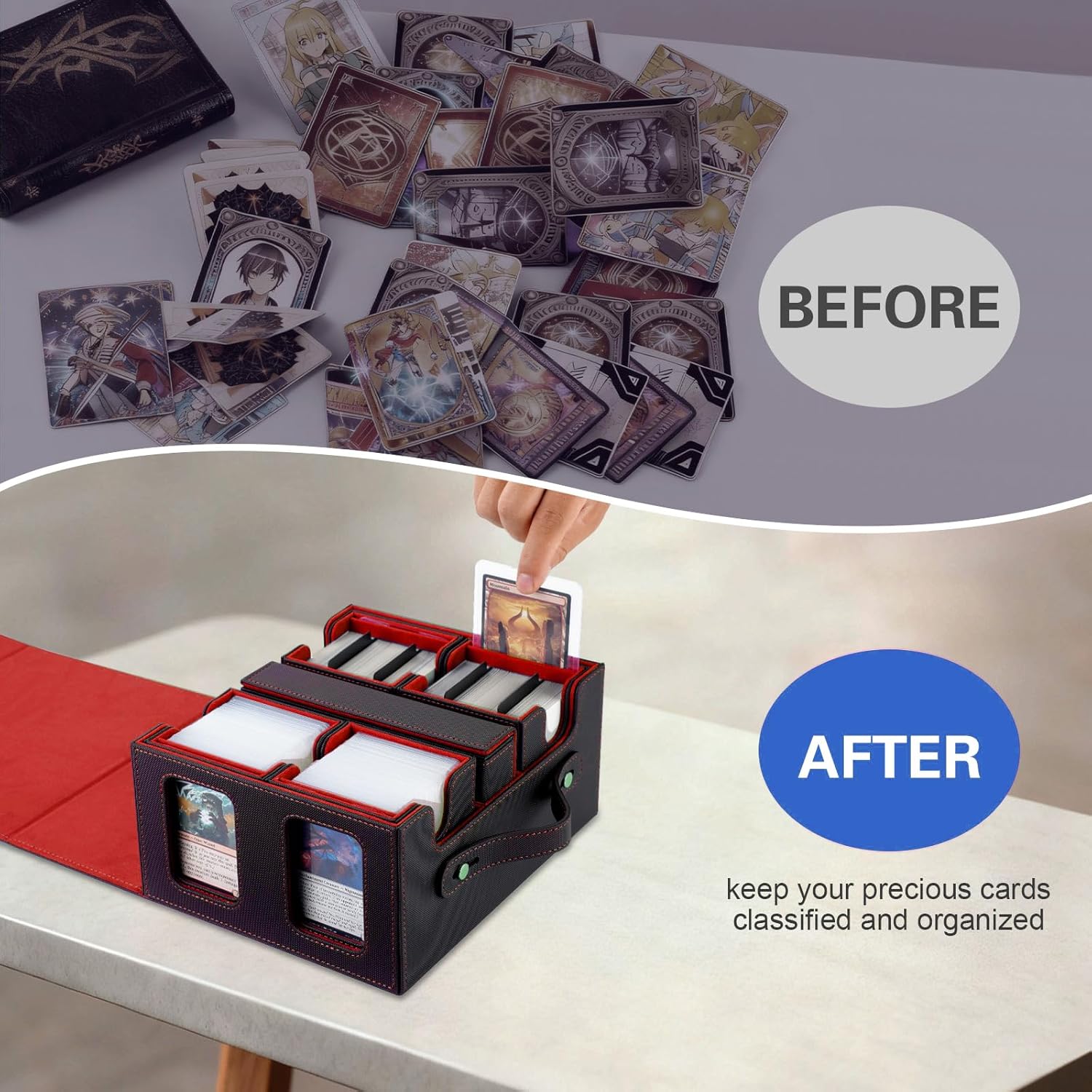 Card Deck Box for MTG with Commander Display, 5 in 1 Card Storage Box Fits 400+ Double-sleeved Cards, 4 Separate Small Cases for TCG/Sports Cards, Dice Tray＆Handle（Black Red）