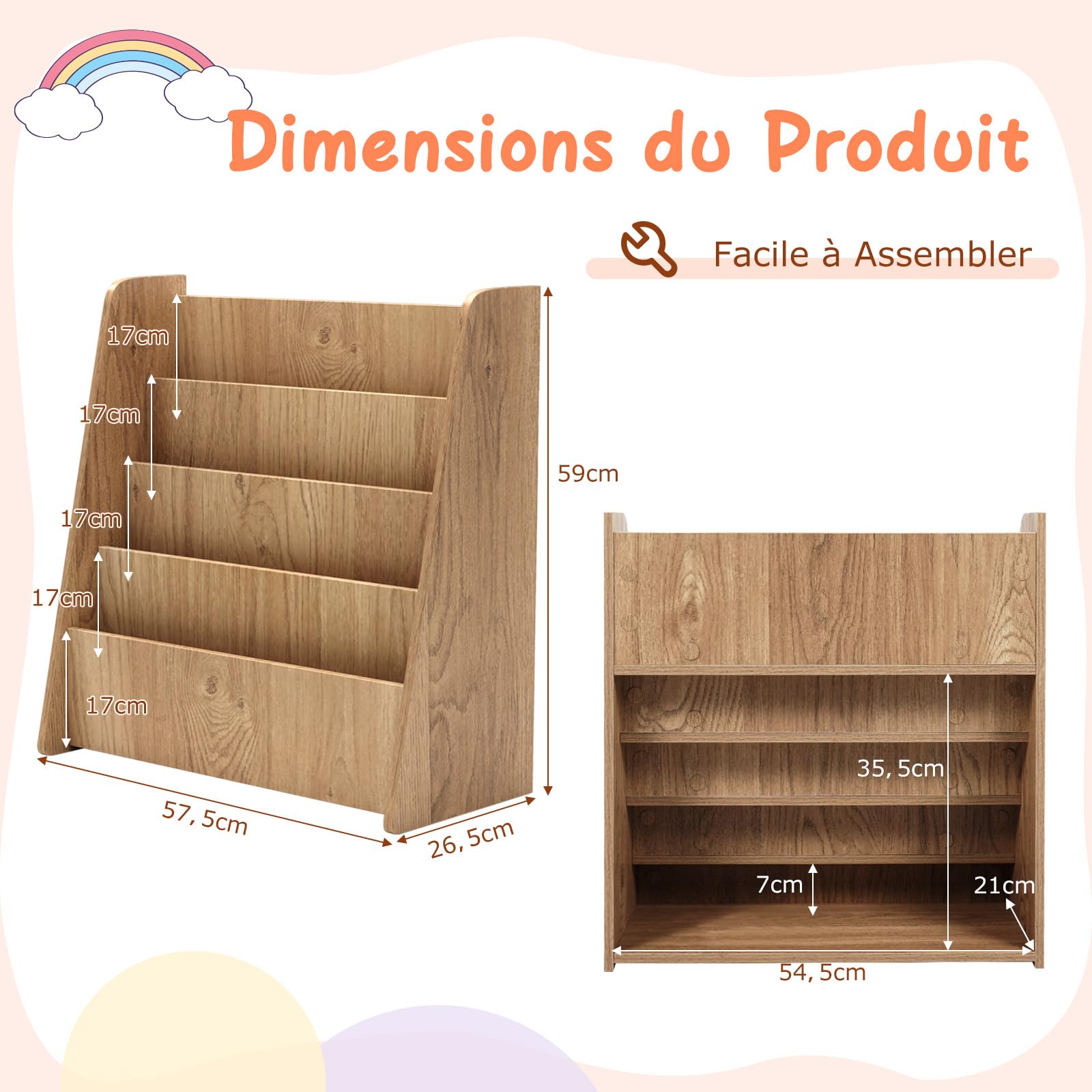 COSTWAY Bibliothèque Enfant en Bois à 4 Niveaux de Compartiments Ouverts, Étagère à Livres avec Patins Antidérapants, Meuble Rangement Jouet Montessori pour Bureau Chambre d’Enfant, 57,5x26,5x59cm