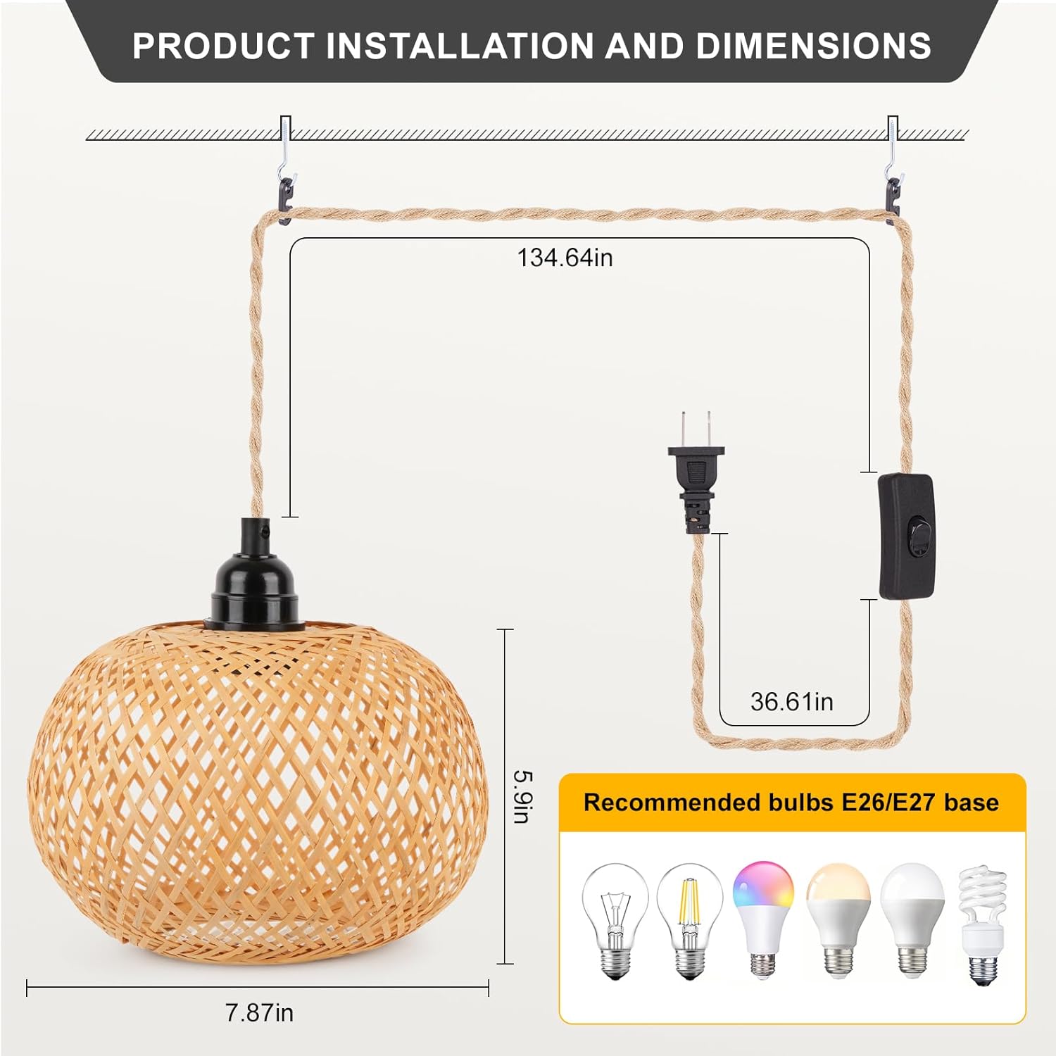 FRIDEKO HOME Hanging Lamps Hanging Light 15ft Plug in Pendant Light - Pendant Light with On Off Switch Plug in Cord Pendant Light Fixture E26 E27 Light SocketCord for Bedroom (4-Single Layer Shade)
