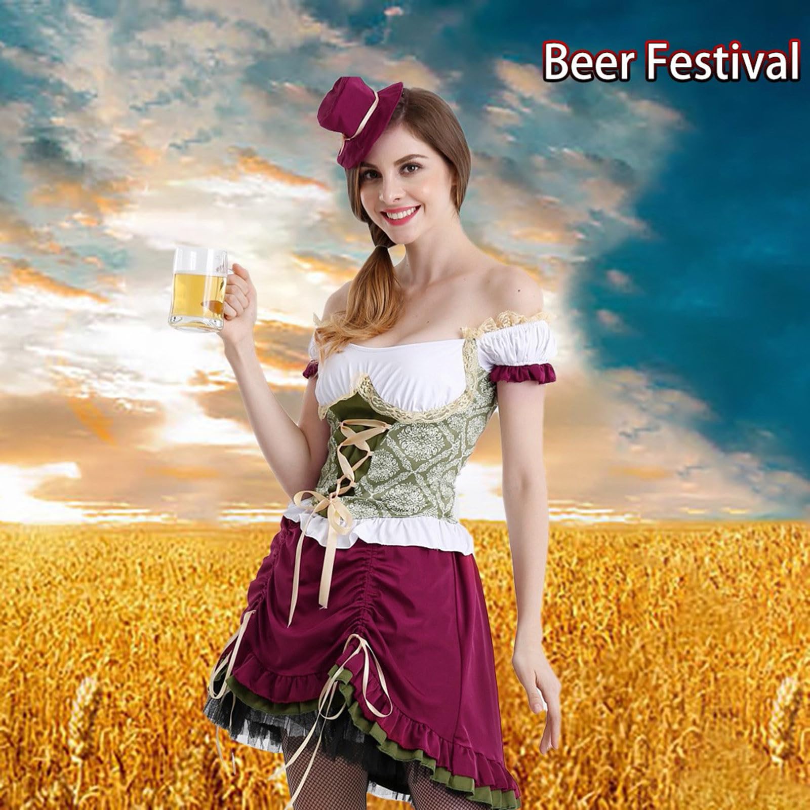 MaNMaNing Damen Trachtenkleid Spitze gotisch Cosplay Trachtenkleid Damen für Oktoberfest Bar Mottoparty Kleid
