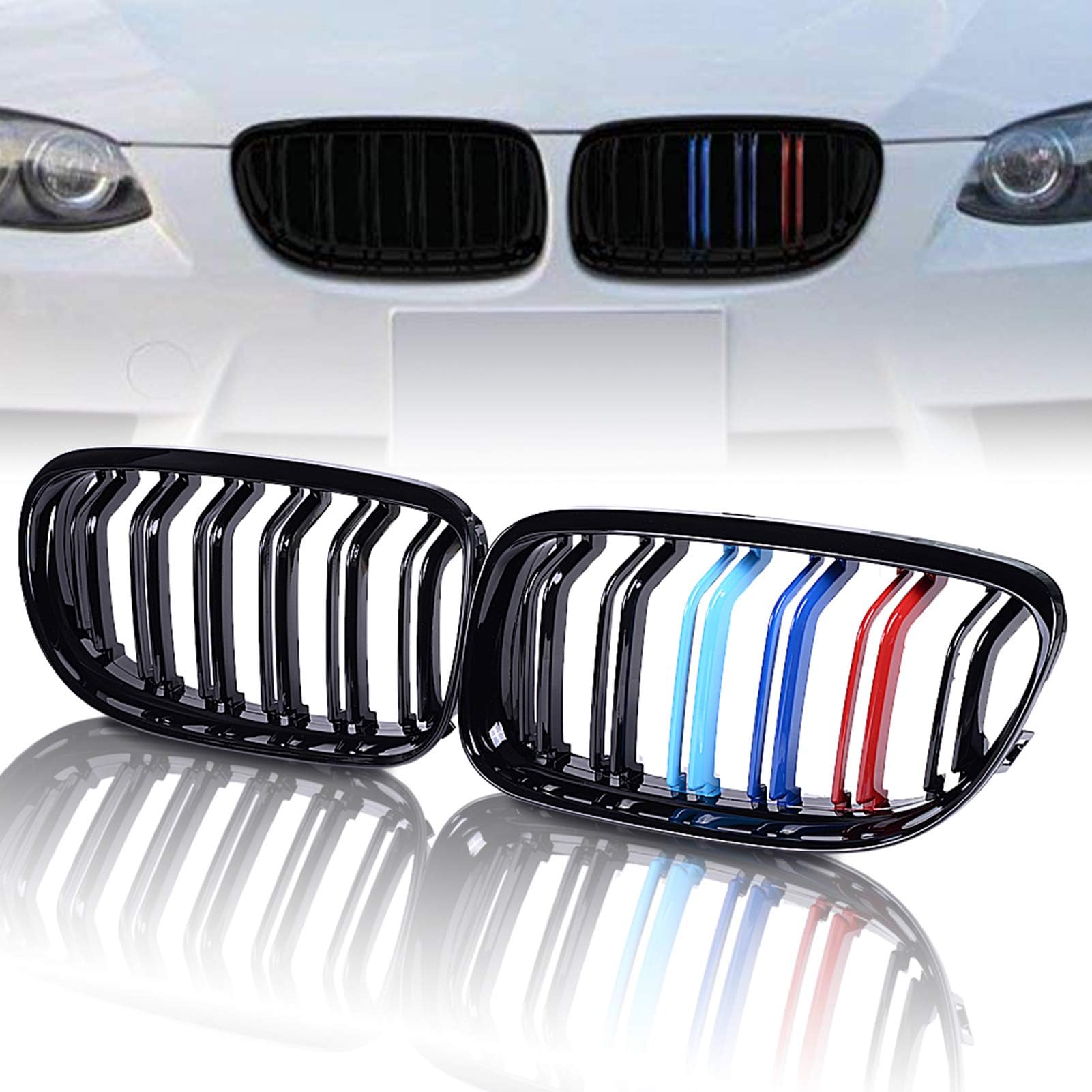 runmade Pair Front Hood Bumper Kidney Grille Center Grill Compatible with BMW 3 Series Sedan 320i 325i 328i 330i 335i (MutiColor Glossy Black, Double Line, 2009-2011 E90 Sedan)